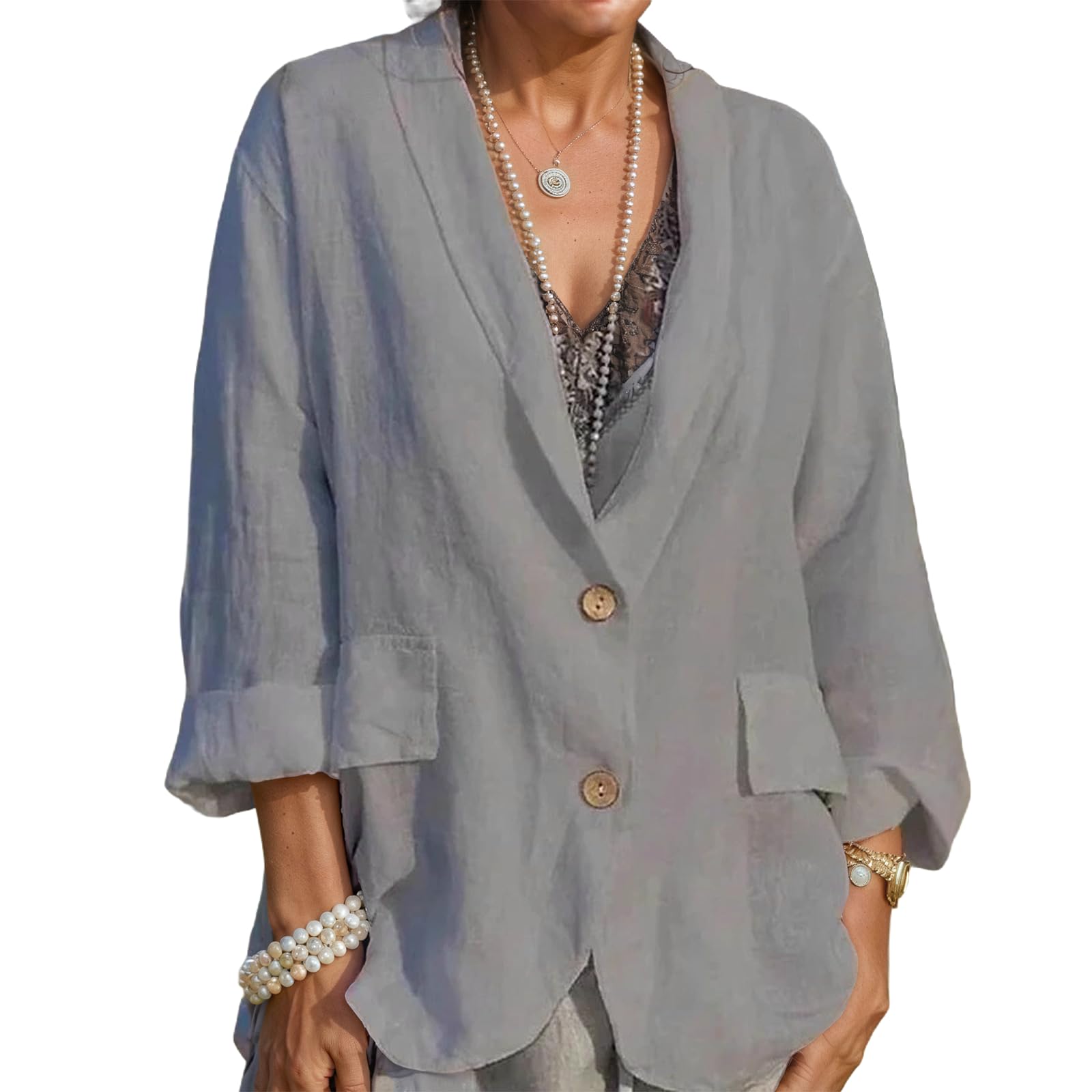 Womens Cotton Linen Blazer Jackets 3 4 Sleeve Casual Lightweight Notch Lapel Button Blazers