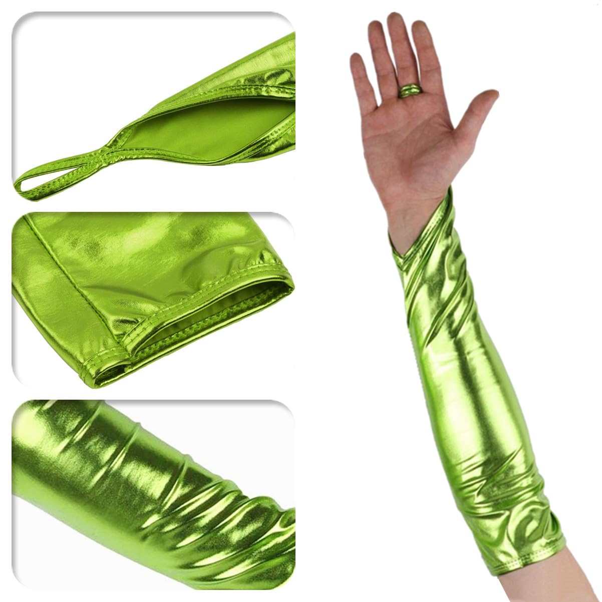 RuiChy Shiny Long Metallic Fingerless Gloves for Women Patent Leather Elbow Length Opera Gloves Arm Warmer for Evening Party Masquerade Rave Cosplay Stage Performance Night Club Dancewear (Green) - Image 3