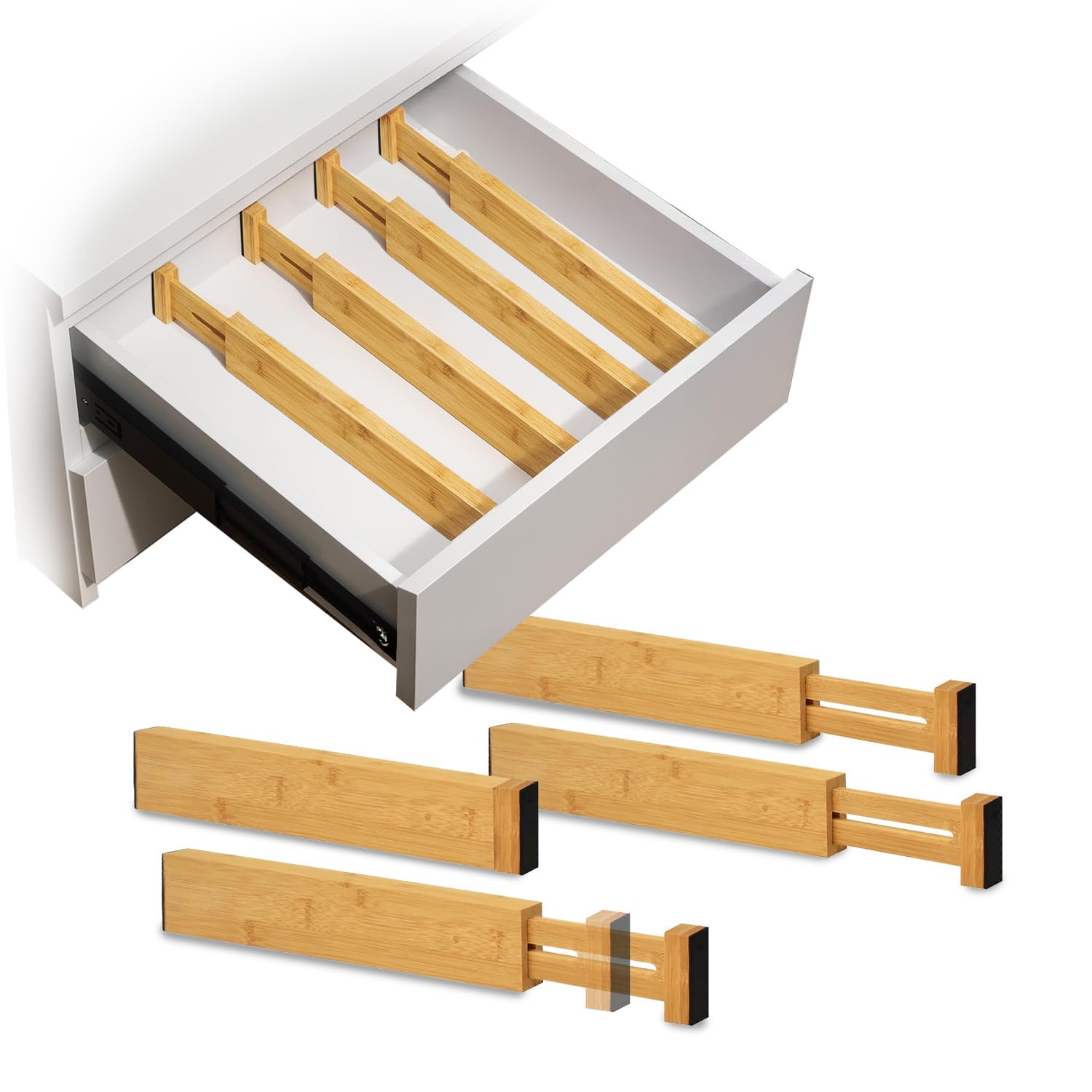 Avilia Divisori per Cassetti Set 4 Bamboo – Organizer Cassetti Regolabili 43–56 cm, Divisori Cassetti Cucina e Biancheria, Sistema a Molla Senza Attrezzi, Antiscivolo Salvaspazio