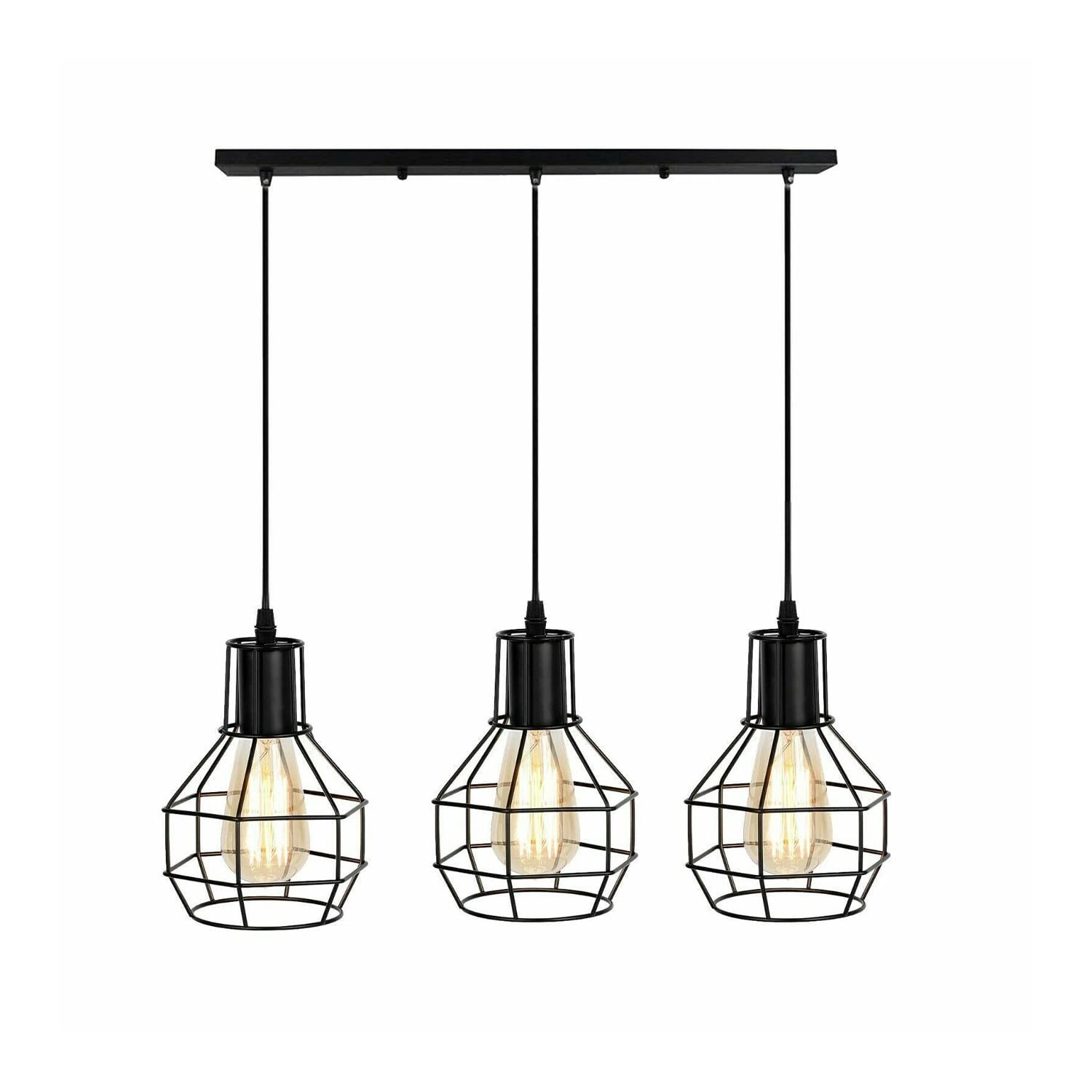 LEDSone Nowoczesny retro 3-drożny sufitowy wiszący klaster gniazdo klatka oświetlenie lampy sufitowe montaż czarny abażur dom UK E27 zestaw oświetlenia z płytą sufitową 50 cm (3 gniazdo czołowe)