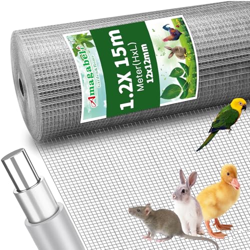 Amagabeli Grillage à Poule Galvanisé 1.2m x 15m - Maille Carrée 12.7mm - Clôture Renforcée pour Poulailler & Volière - Résistant aux Renards/Rongeurs - Jardin & Élevage​