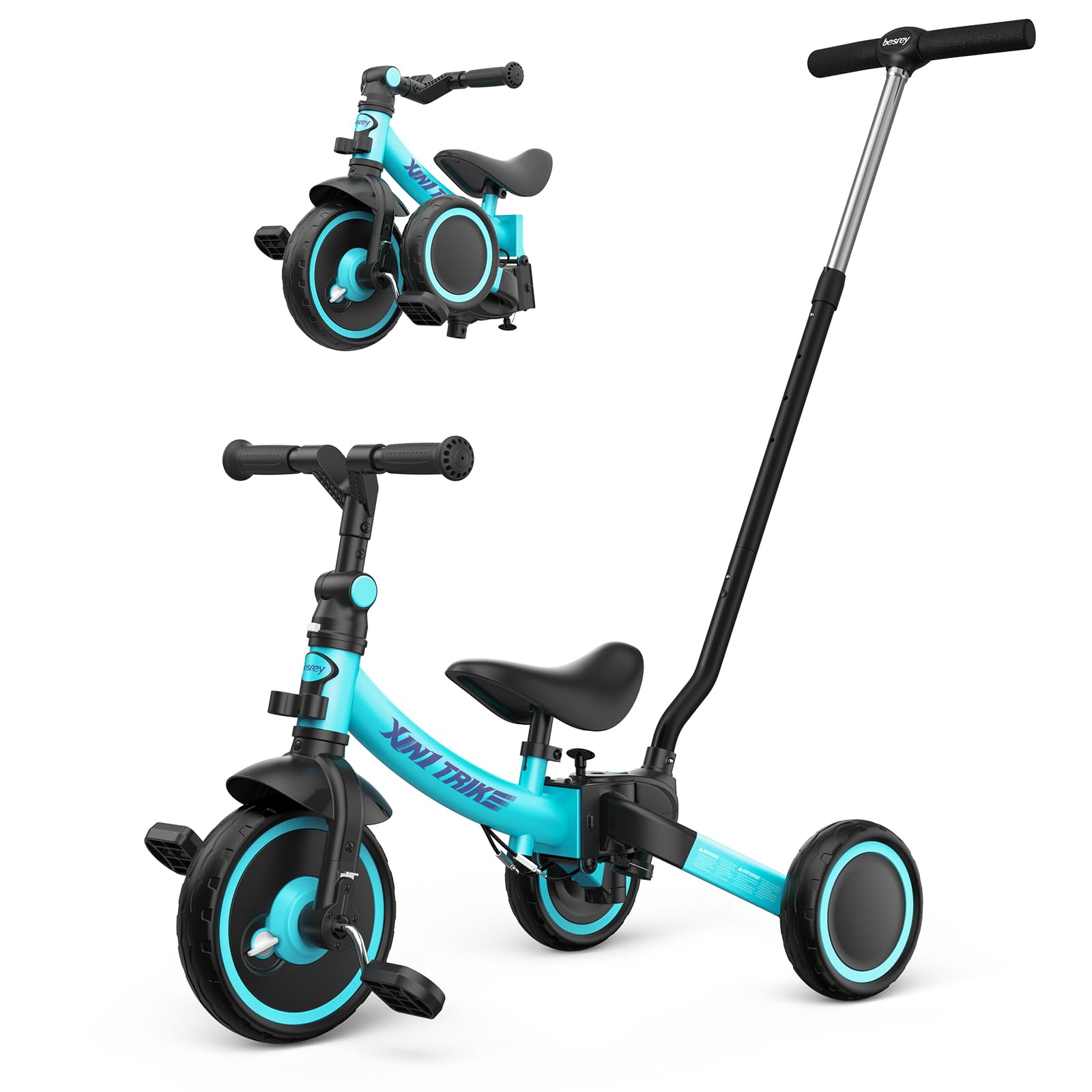 besrey Triciclo per Bambini 5-in-1 con Maniglia di Spinta per il Genitore a 5 Altezza per 1-5 Anni, Triciclo per Bambini Pieghevole, Bici per Bambini con Frizione a Ruota, Ruote Più Grandi, verde