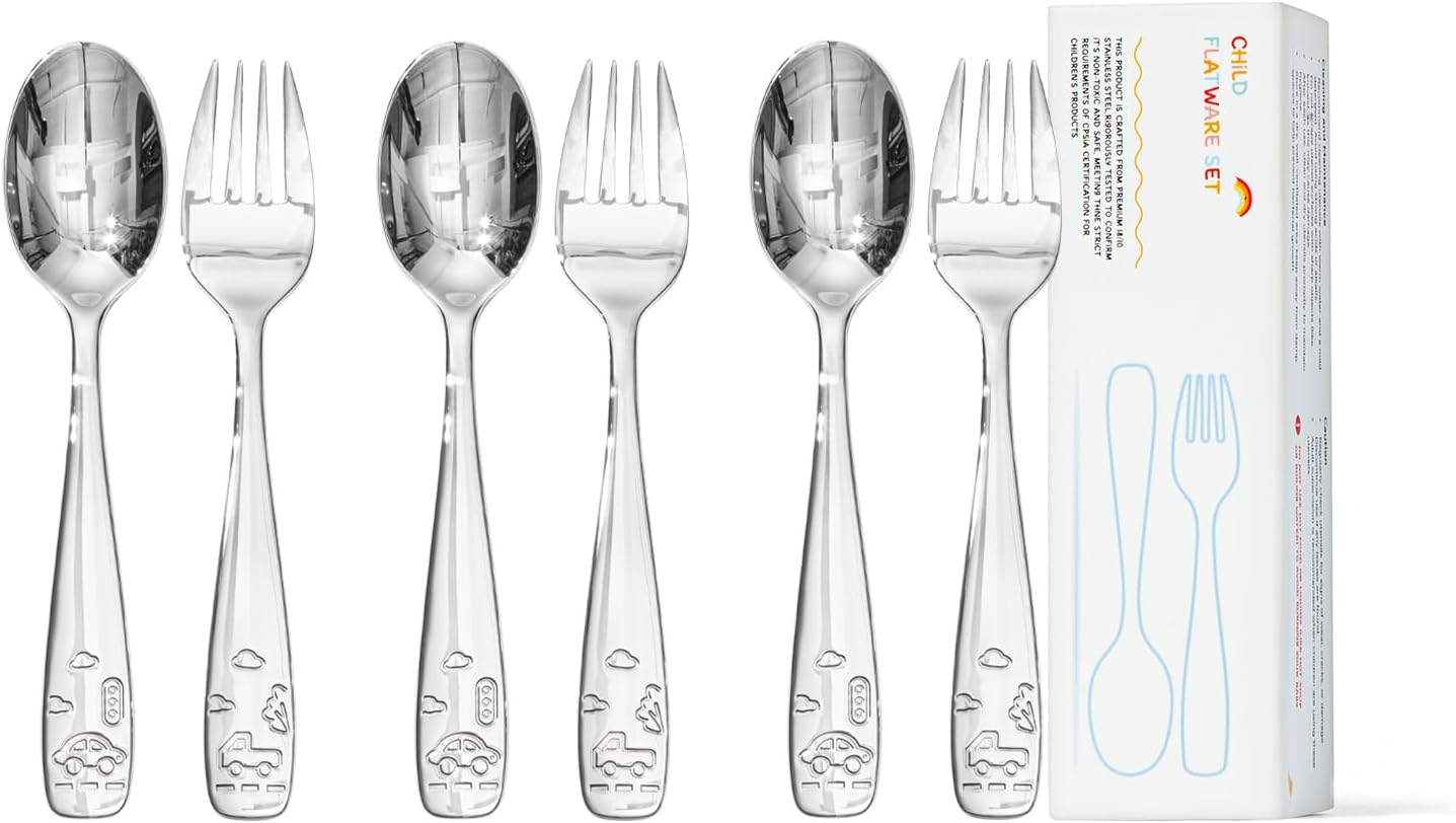 KINGSTONE 6 Pieces Kids Utensils Set, 18/10 Stainless Steel Kids Silverware, 3 Forks & 3 Spoons, Food-Grade Flatware, Cute Car Design, Dishwasher Safe for 2+ Year Old Children Self-Feeding