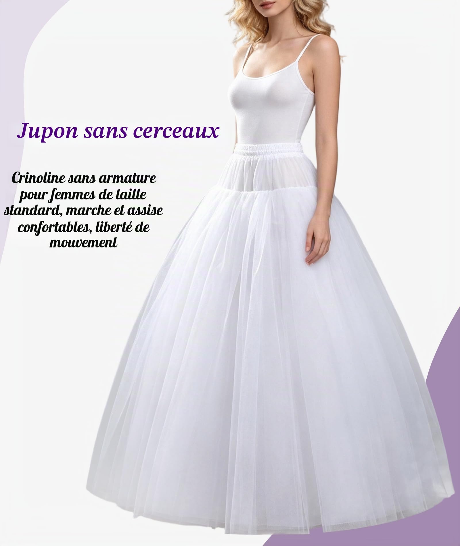 Jupon sans Cerceau en Crinoline A-Line Slips pour Robe de mariée Longueur au Sol, Blanc, Taille Unique