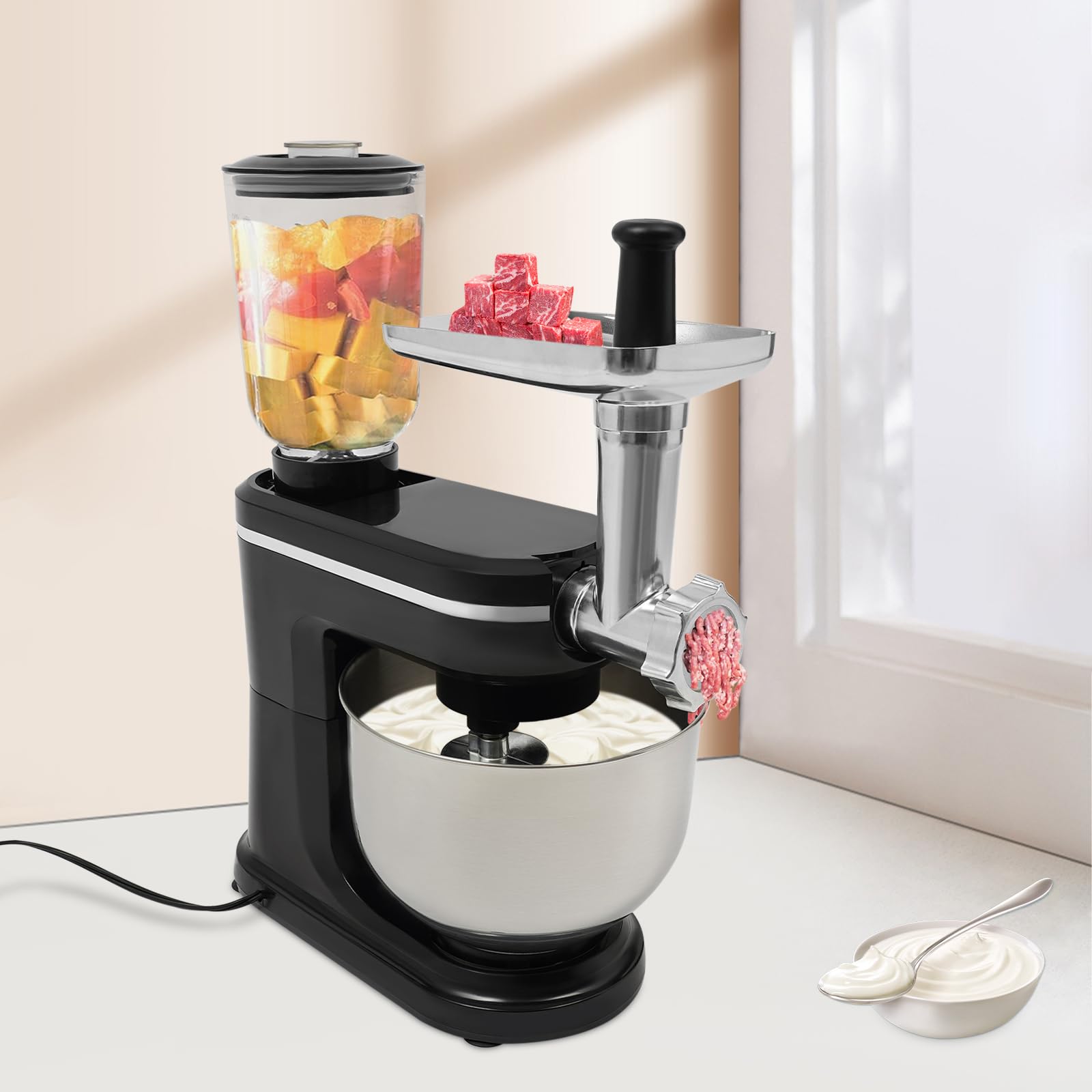 Máquina de cocina profesional de 220 V, 1500 W, amasadora con tazón de 6 litros, gancho para amasar y batir, 6 + 1 velocidad, amasadora de masa de bajo ruido