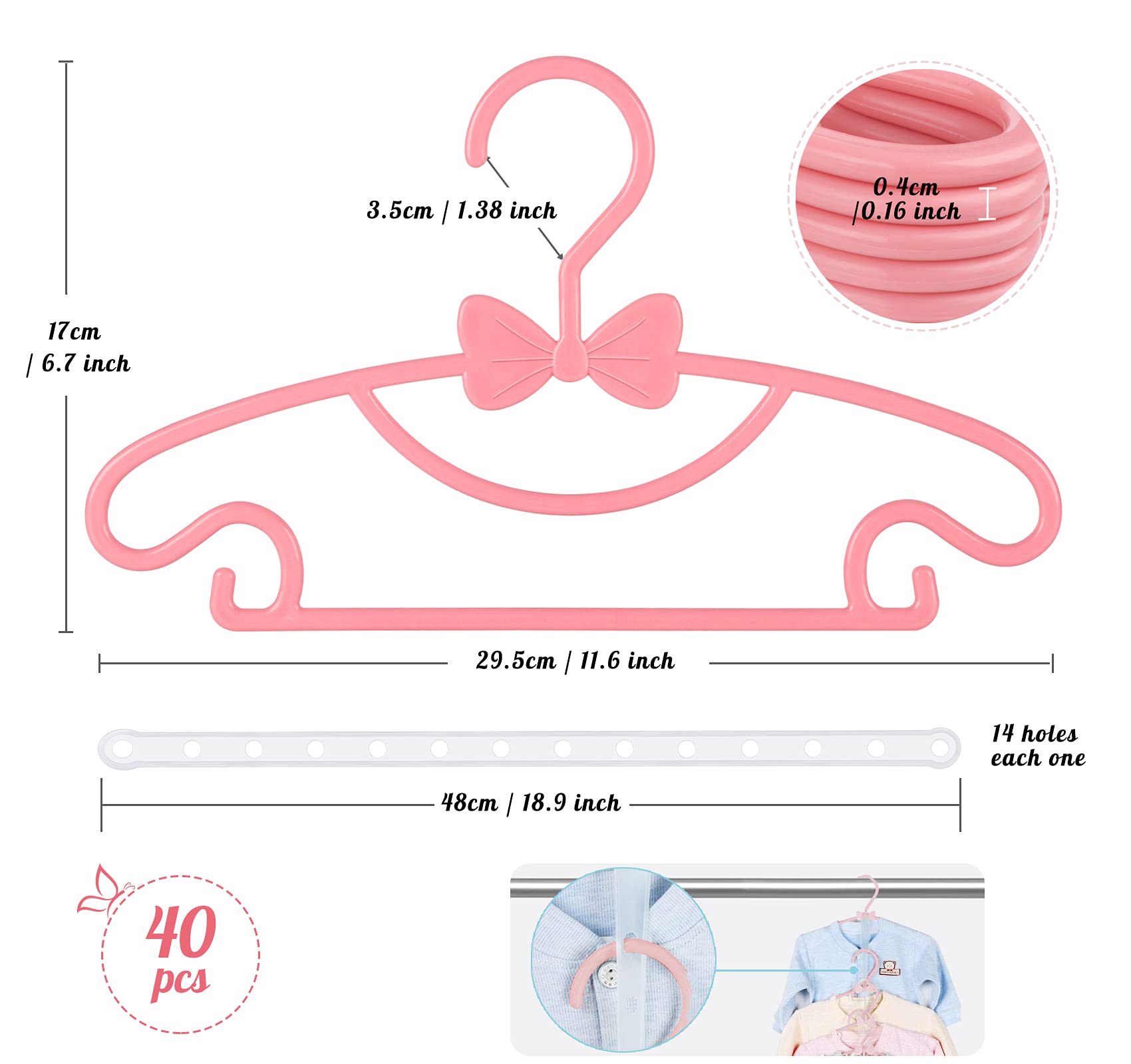 Set di 40 grucce per bambini con graziosi archi, antiscivolo, 29,5 cm, con 3 pezzi, salvaspazio, per guardaroba dei bambini