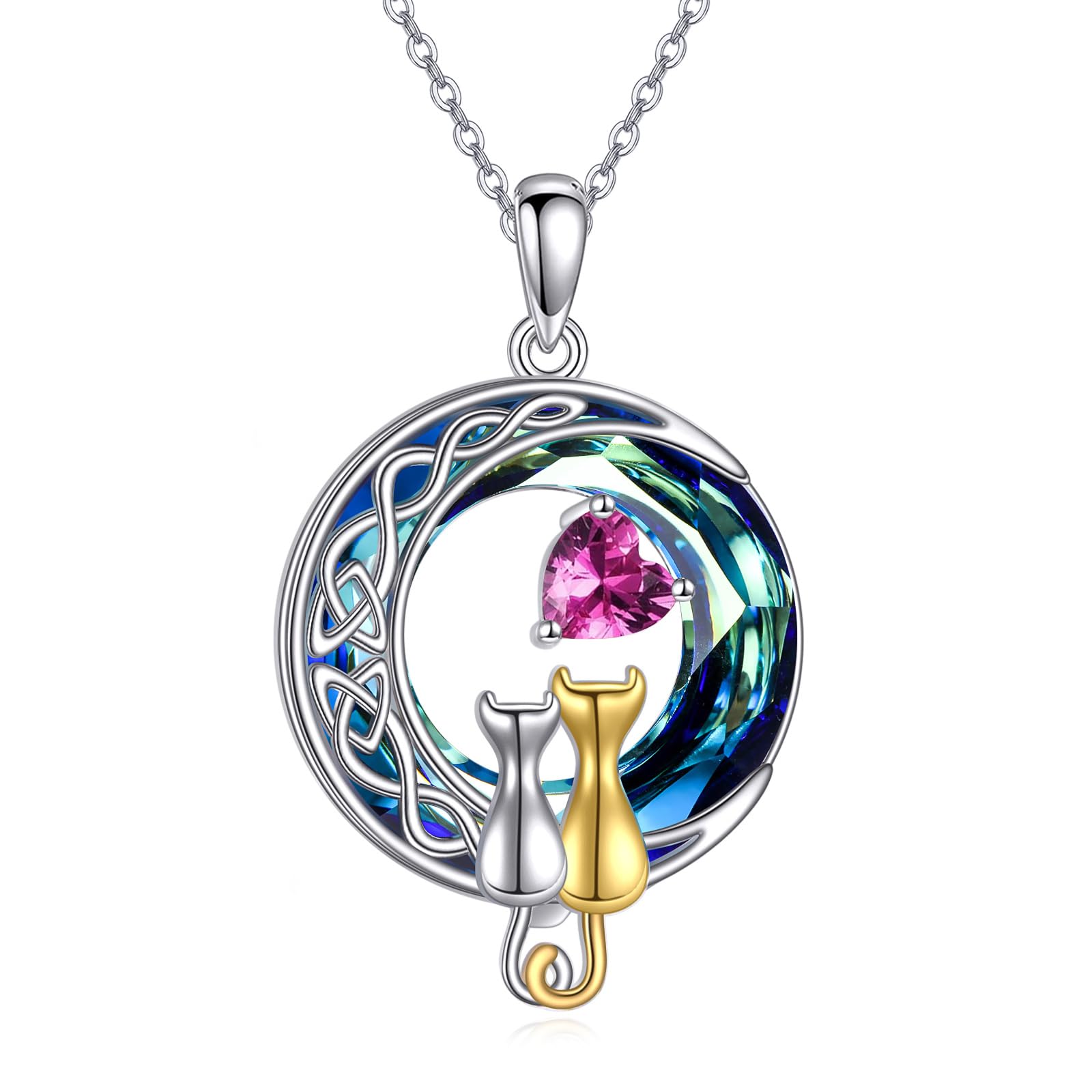 POPLYKE Kristall Katze Kette 925 Sterling Silber Geburtsstein Anhänger Mutter Tochter Paar Katze Schmuck