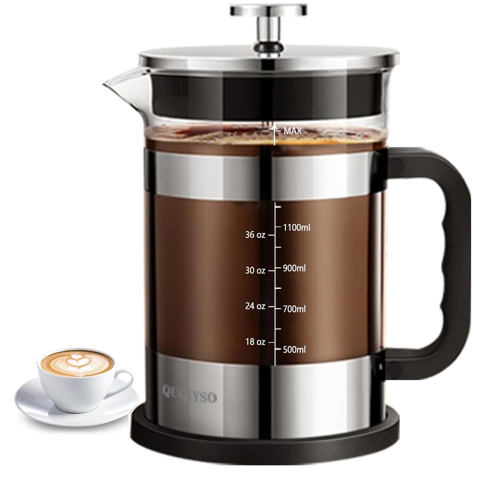 QUQIYSO Cafetera de prensa francesa de acero inoxidable 304 de 50 onzas con 4 filtros, resistente al calor, duradera, fácil de limpiar, prensa de café de vidrio de borosilicato, plateado