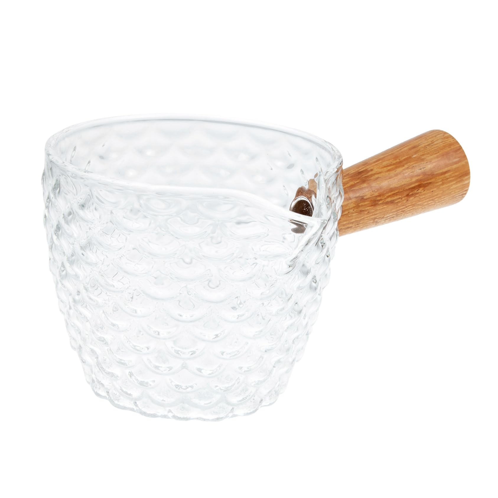 GLEAVI Japanese Style Hammered Milk Pitcher Wooden Handle Glass Coffee Measure Cup Latte Art Jug 10 oz for