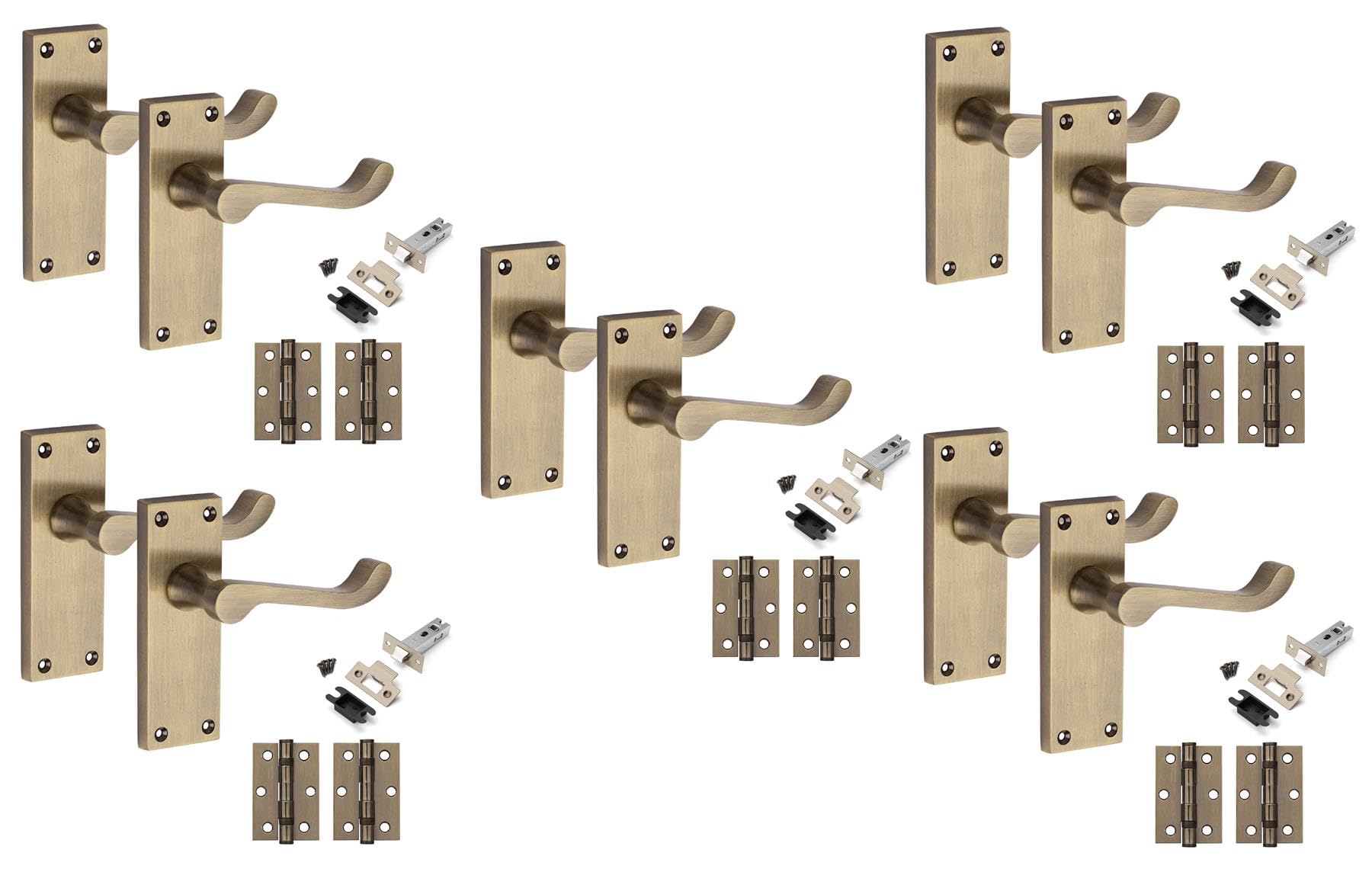 Golden Grace Antique Brass 5 Pairs Victorian Scroll Latch Door Handle 120 X 40Mm With 2.5" Latches & Hinges