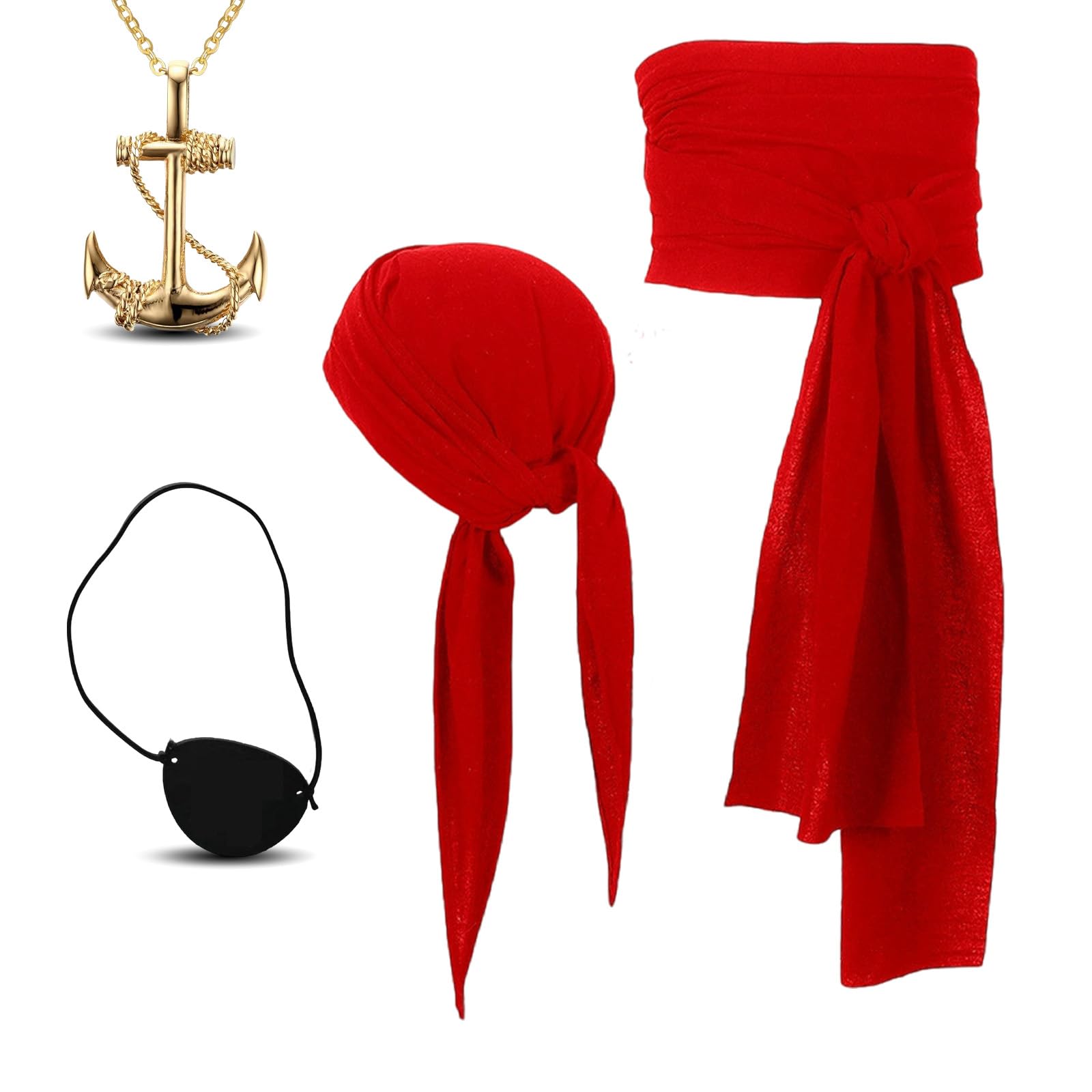 GWAWG 4PCS Pirate Costume Accessories Set,Captain Pirate Accessories with Red Bandana Belt,Red Bandana Belt comprehensive pirate accessory set for Women Men