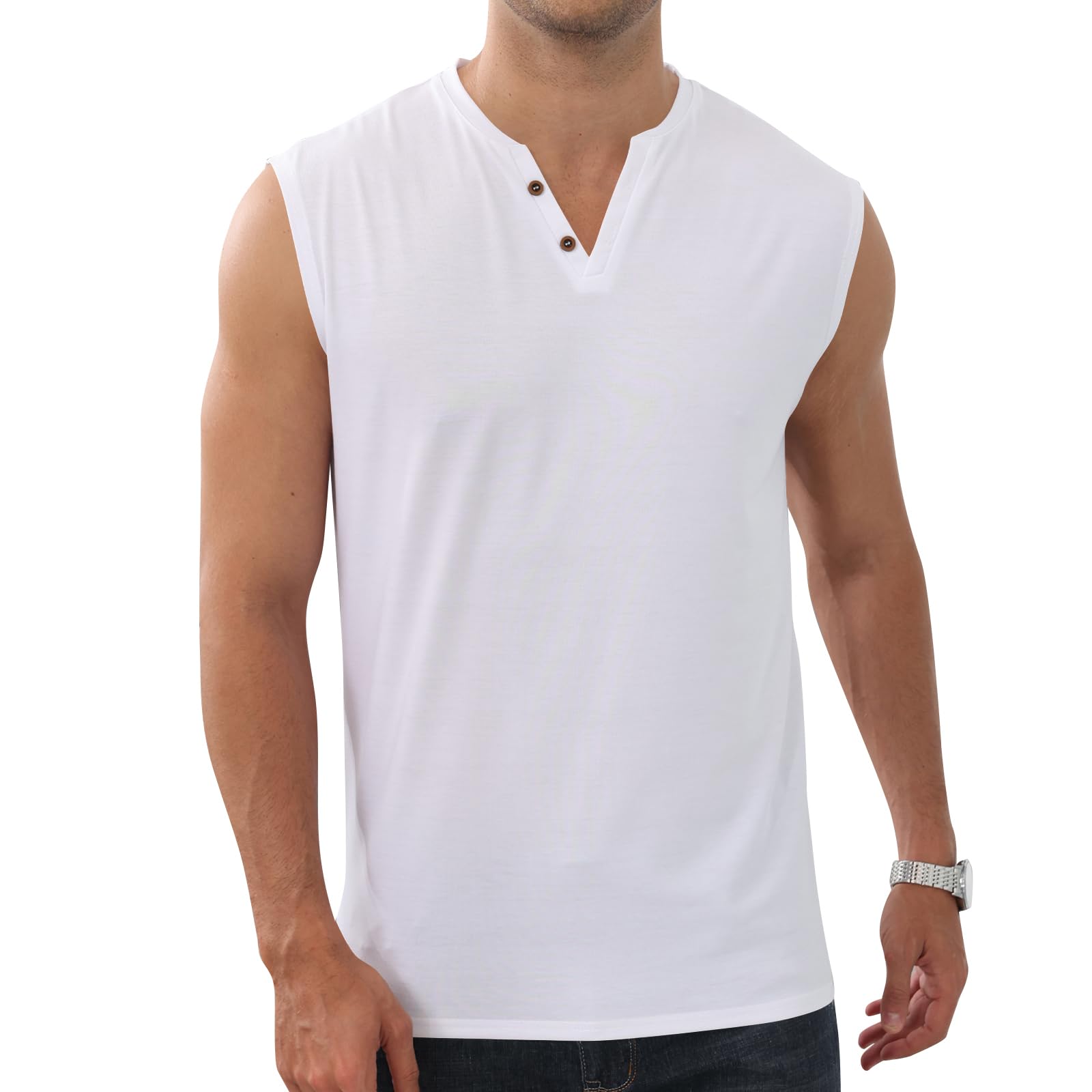 Hommes Débardeurs Basic Vestes sans Manches Tees Henley T-Shirt Coton Bouton Col en V Léger Souple Extensible
