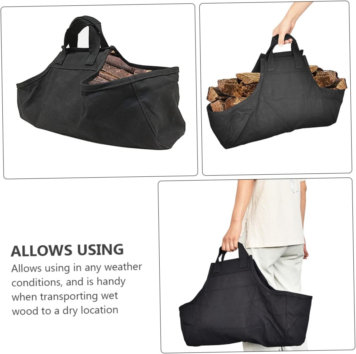 POPETPOP Firewood Holder Pouch with Reinforced Handle, Oxford Cloth Black