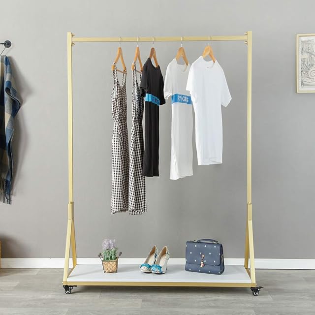 FURVOKIA Modern Simple Heavy Duty Metal Rolling Garment Rack with Wheel,Retail Display Clothing Rack with Wood,Iron Single Rod Floor-Standing Hangers Clothes Shelves (Gold Square Tube B, 47.2 L)