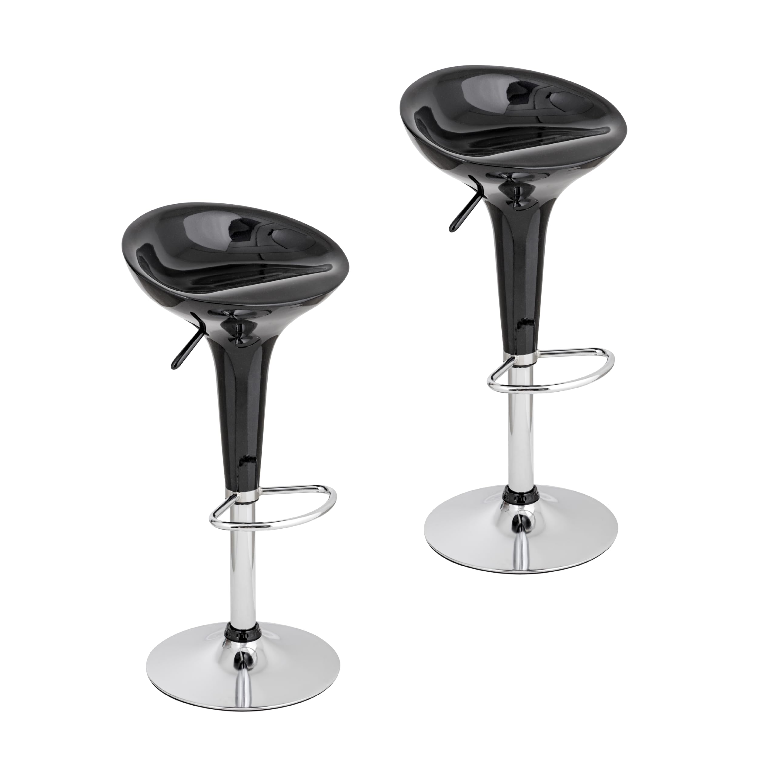Baroni Home 2 Taburetes de Bar Giratorio con Altura Ajustable, Asiento de Plástico, Base Cromada con Reposapiés y Fondo Antiarañazos, Taburete de Cocina y Península, 40x 45x59-79 cm, Negro 2 Piezas