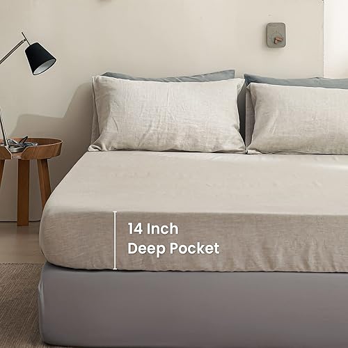 Miniatura 4 de King Linens sábanas 100% de lino, color liso, de fácil ajuste, para tamaños de cama de una plaza, dos plazas, Queen y King., Linen, Completo