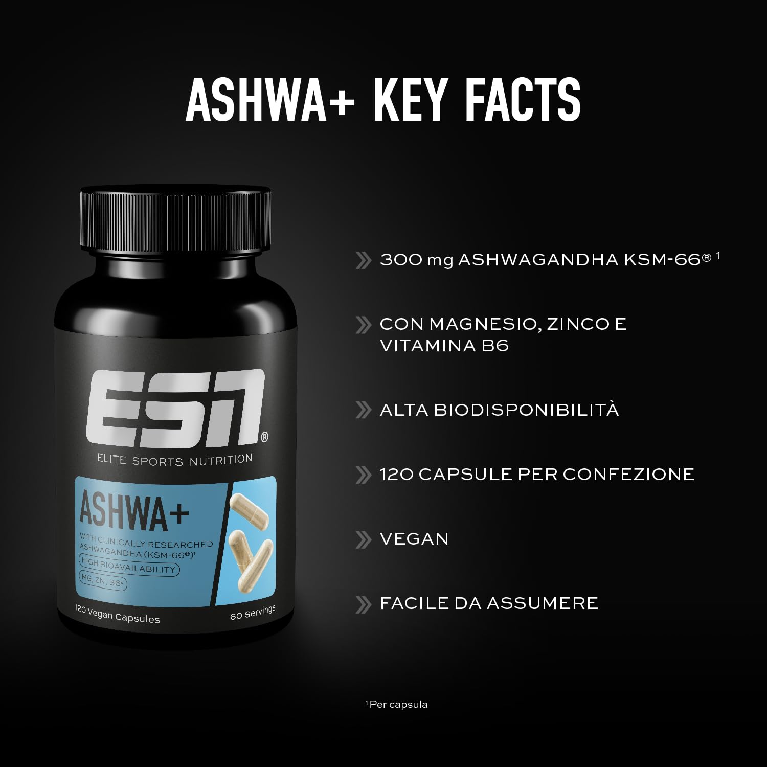 ESN Ashwa +, estratto di radice di Ashwagandha brevettato KSM-66®, 120 capsule, bacca indiana del sonno, con magnesio, vitamina B6 e zinco, vegano - prodotto in Germania