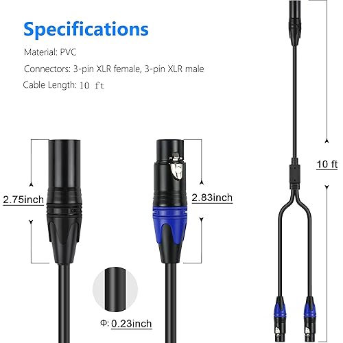 Miniatura 3 de LanSenSu 1 micrófono divisor XLR Y macho a 2 hembra, 10 pies, 3 pines XLR hembra a doble XLR macho Y-Splitter Cables de audio de micrófono