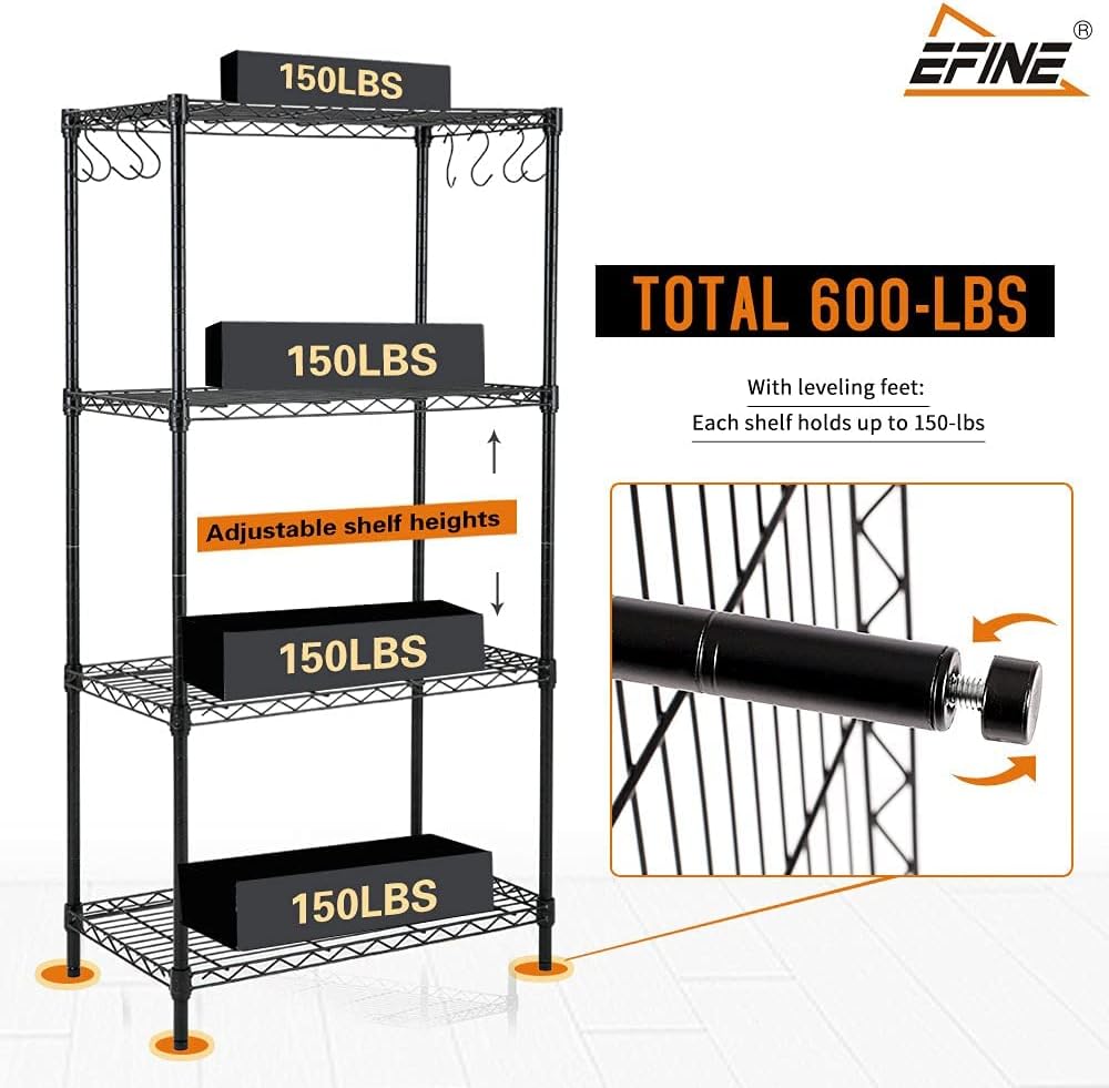 EFINE 4-Shelf Shelving Unit with 8 Hooks and 4-Shelf Liners, NSF Certified, Adjustable Metal Wire Shelves, Shelving Rack and Storage for Kitchen Laundry Bathroom Pantry Closet(23.6W x 14D x 47H) Black