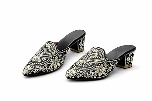 Buy Women Embroidered Block Heel Mules | Ethnic Slip-On Heels | Comfortable Mojari Style Sandals | Wedding & Festive Footwear (Black, UK Footwear Size System, Adult, Women, Numeric, Medium, 10) at