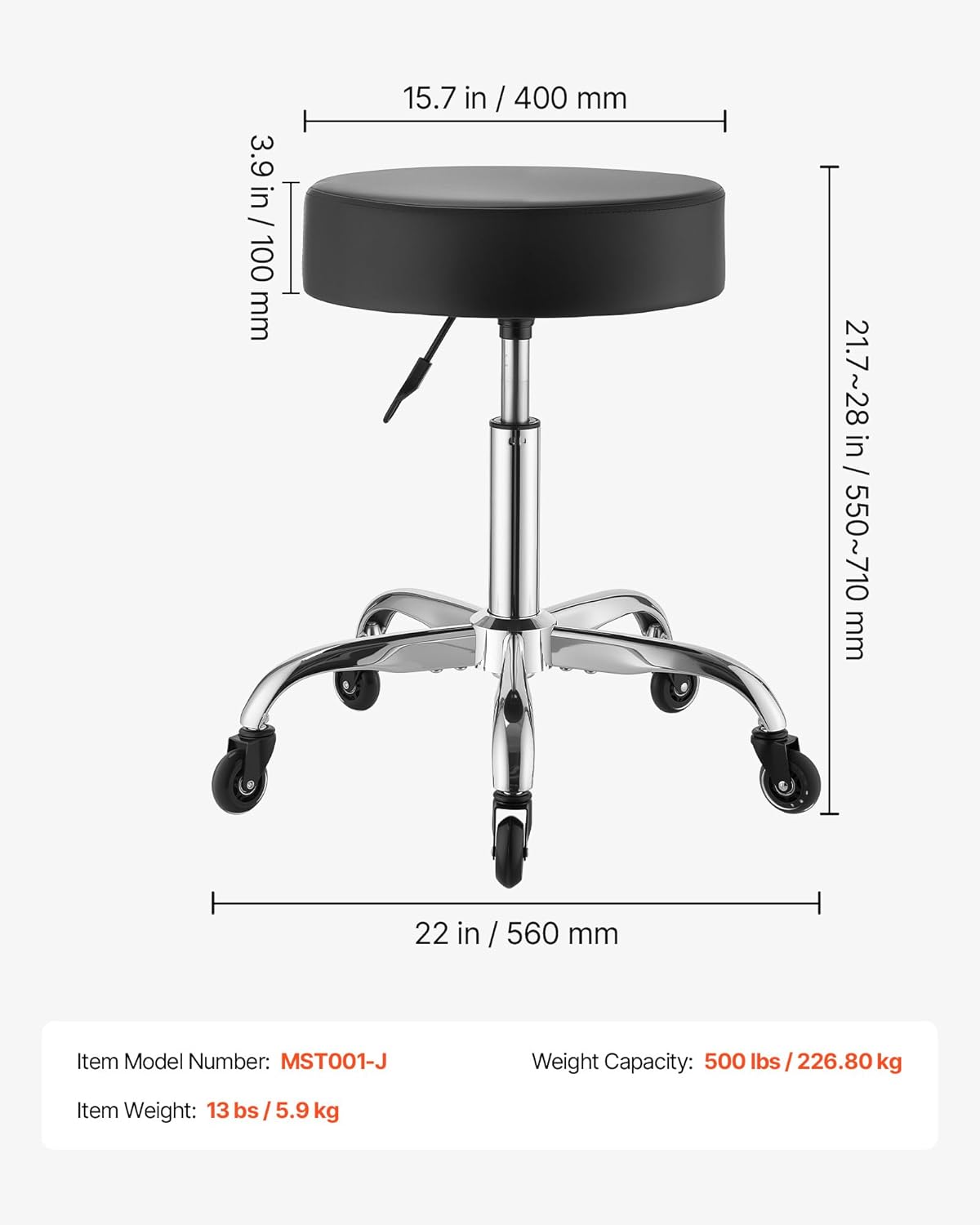 VEVOR Rolling Stool with Wheels, 500 lbs Weight Capacity, Height Adjustable, Quiet Casters, Thick Cushion Ergonomic PU Leather Seat, 360° Swivel Round Rolling Stool Chair for Salon, Clinic, Black