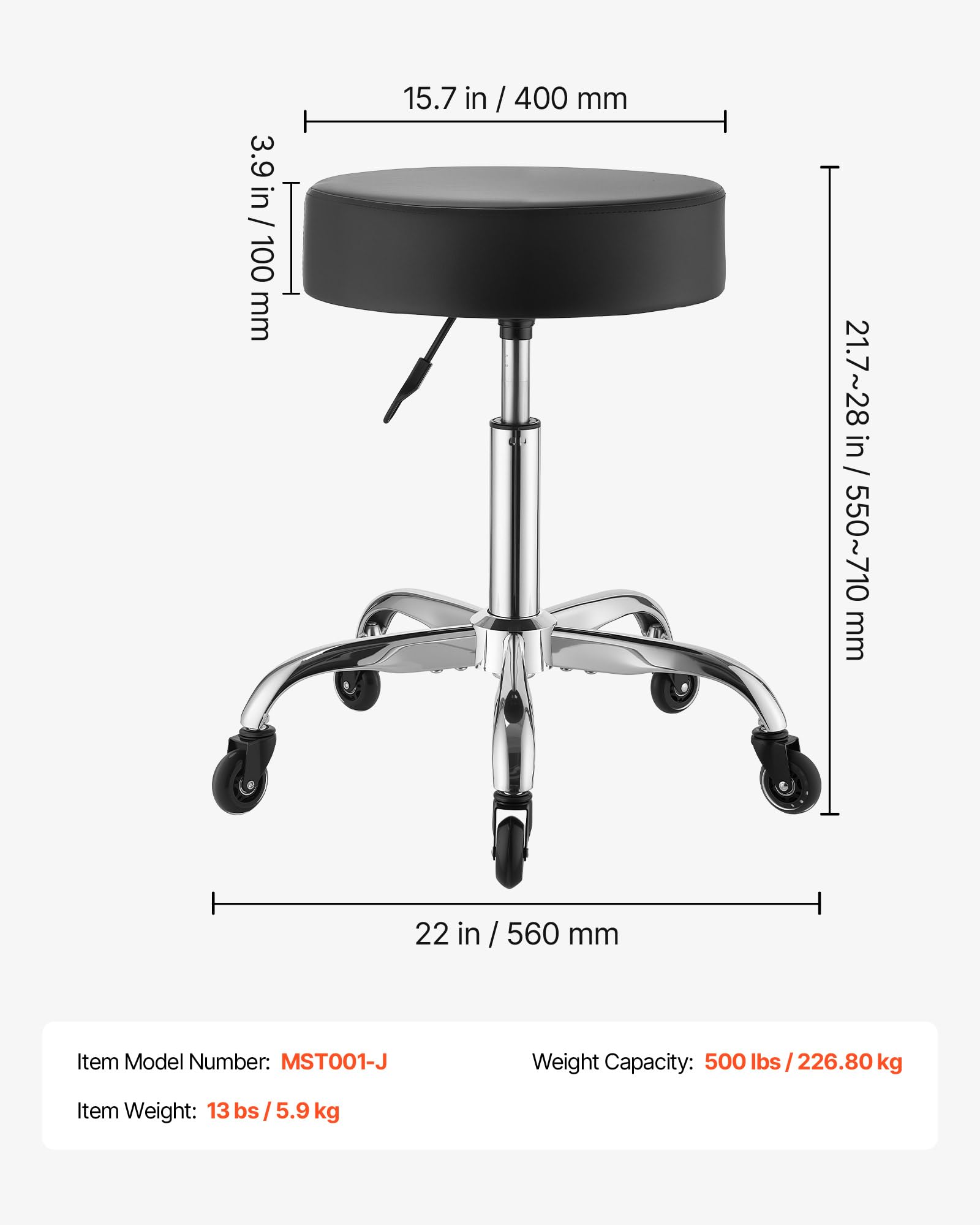 VEVOR Taburete Giratorio de Trabajo, Taburete con Ruedas, Capacidad de Carga de 226,8 kg, Altura Ajustable de 55-71 cm, Giro 360°, Asiento Ergonómico Acolchado, para Oficina Estudio Clínica Hogar