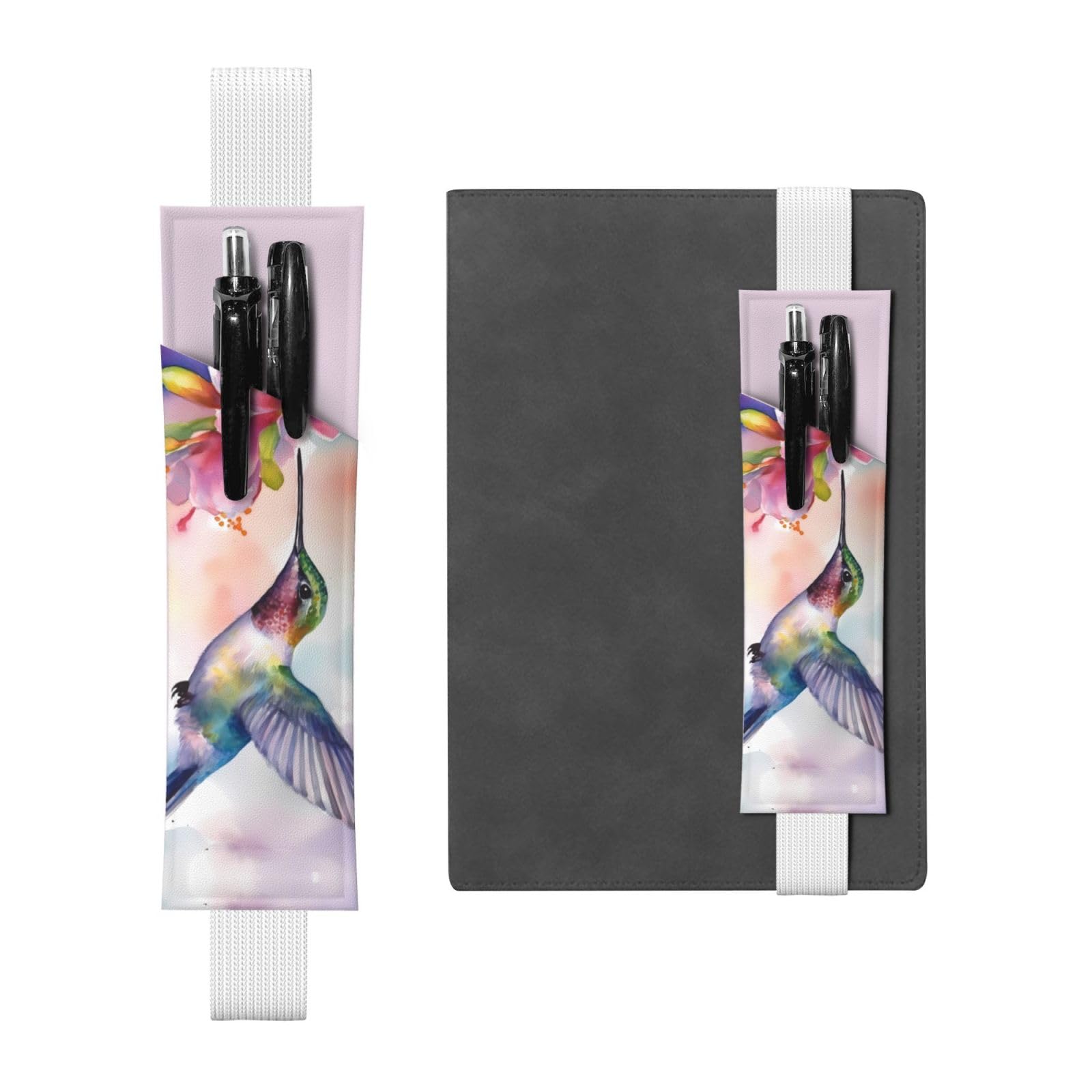 SHIRMDIY Cute Hummingbirds Pen Holders Faux Leather Pen Sleeves, Pencil Pouch with Elastic Band for Journal Books, Spring Pink Floral Bookmark Office