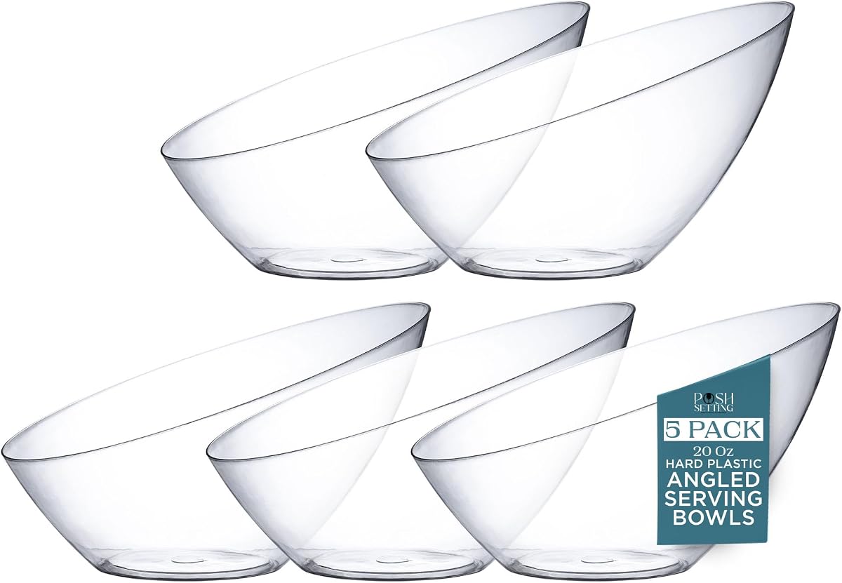 Paquete de 5 cuencos de plástico transparente en ángulo desechables para mesa de fiesta, 20 oz | Diseño de cuenco en ángulo. Uso de chips, dulces, ensaladas y frutas. Vajilla desechable para fiestas. Servicio de buffet y bodas. Plástico transparente.