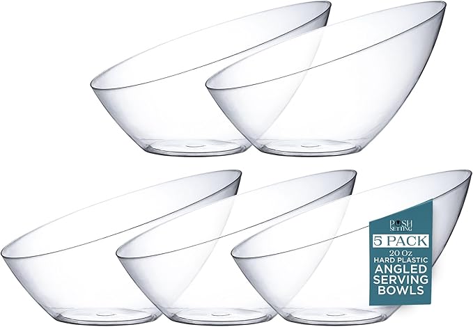Posh Setting Crystal Clear, Disposable Premium Hard Plastic Medium Angled Bowl, Party, Salad, Snack and Fruit Bowl 5 Pack