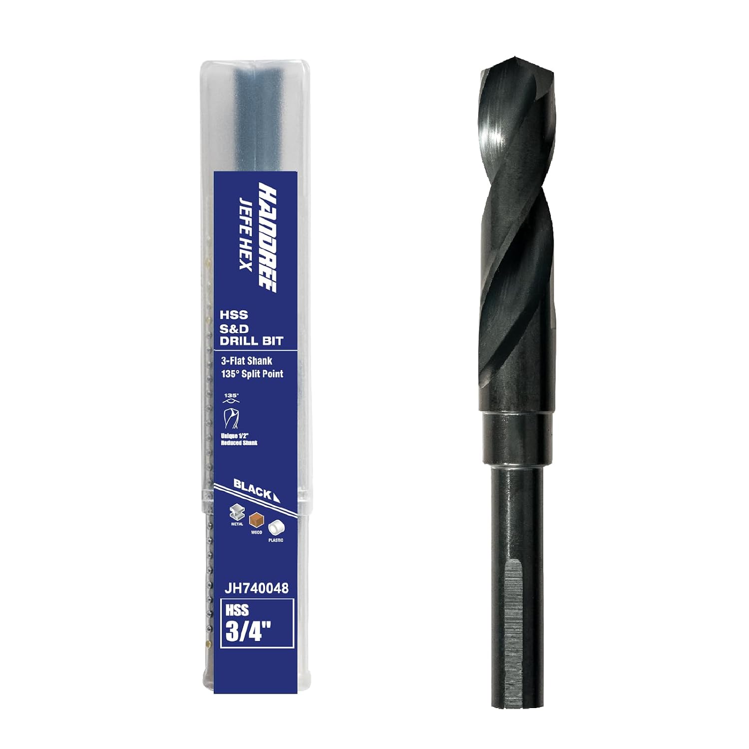 Handree 1pc 3/4" Reduced Shank Drill Bit, Silver & Deming HSS Black Oxide, 135째 Split Point for Industrial Metal/Wood/Plastic Drilling