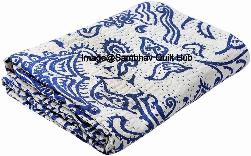 Blue Feb India Cotton Handblock Kantha Blanket Indian Handmade Quilts Cotton Hand Block Quilts Ethnic Reversible Comforter Stitched Blanket Decor (60X90 inch)