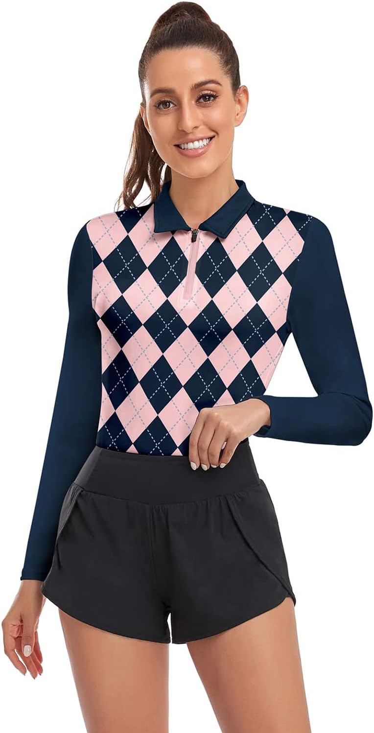 Soneven Women's Long Sleeve Golf Polo Shirts Moisture Wicking Quick Dry Half-Zip Pullover Athletic Workout Striped Tops