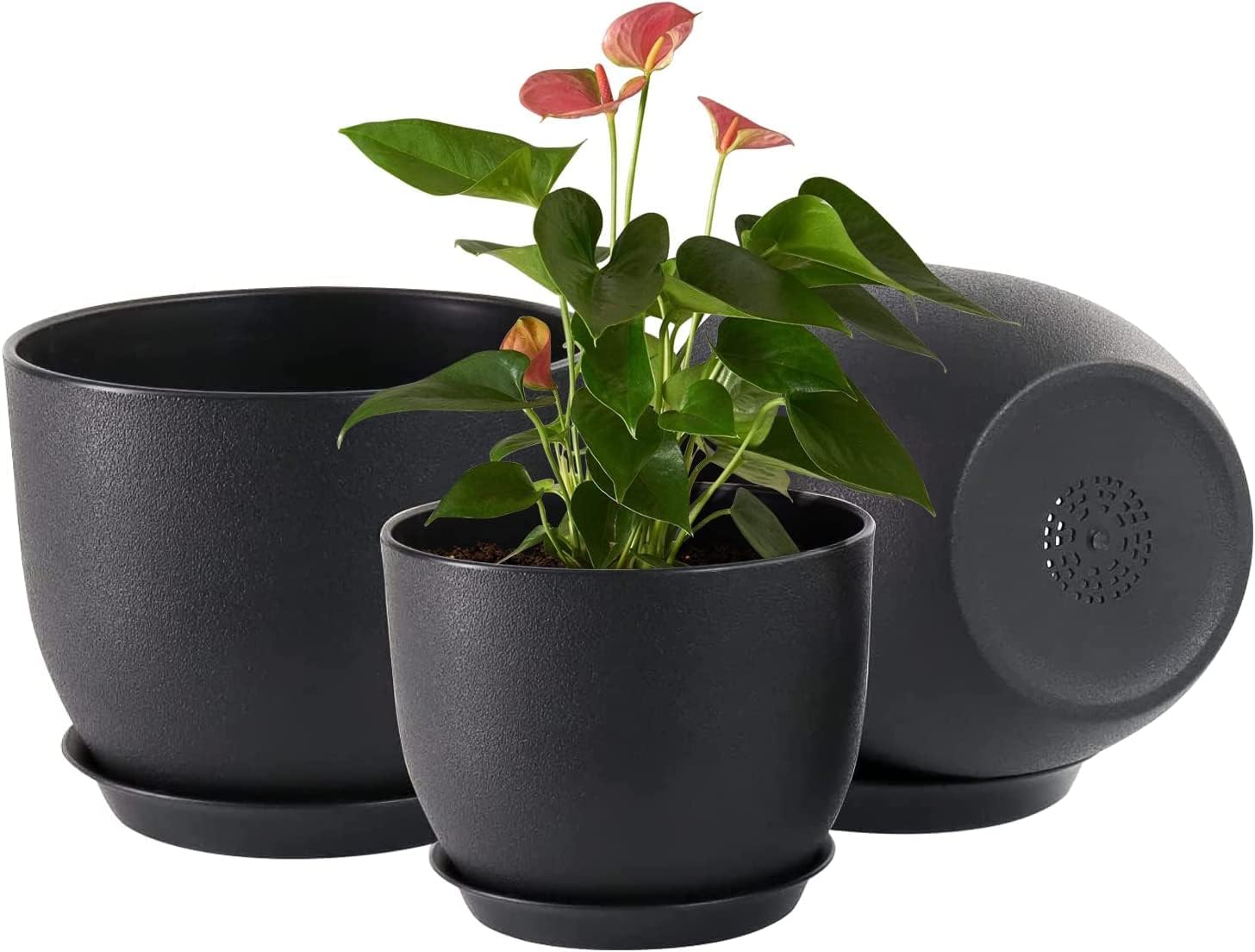 10/9/8 inch Black Plant Pots, FIASON Plastic Plant Pots with Drainage