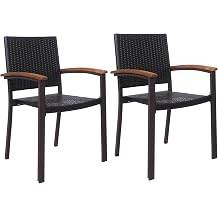 GiantexUK Rattan Garden Chairs Set of 2/4, Stackable Outdoor Dining Chairs with Acacia Wood Armrests, All-weather Patio Bistro Seating for Backyard Poolside Deck Lawn 2