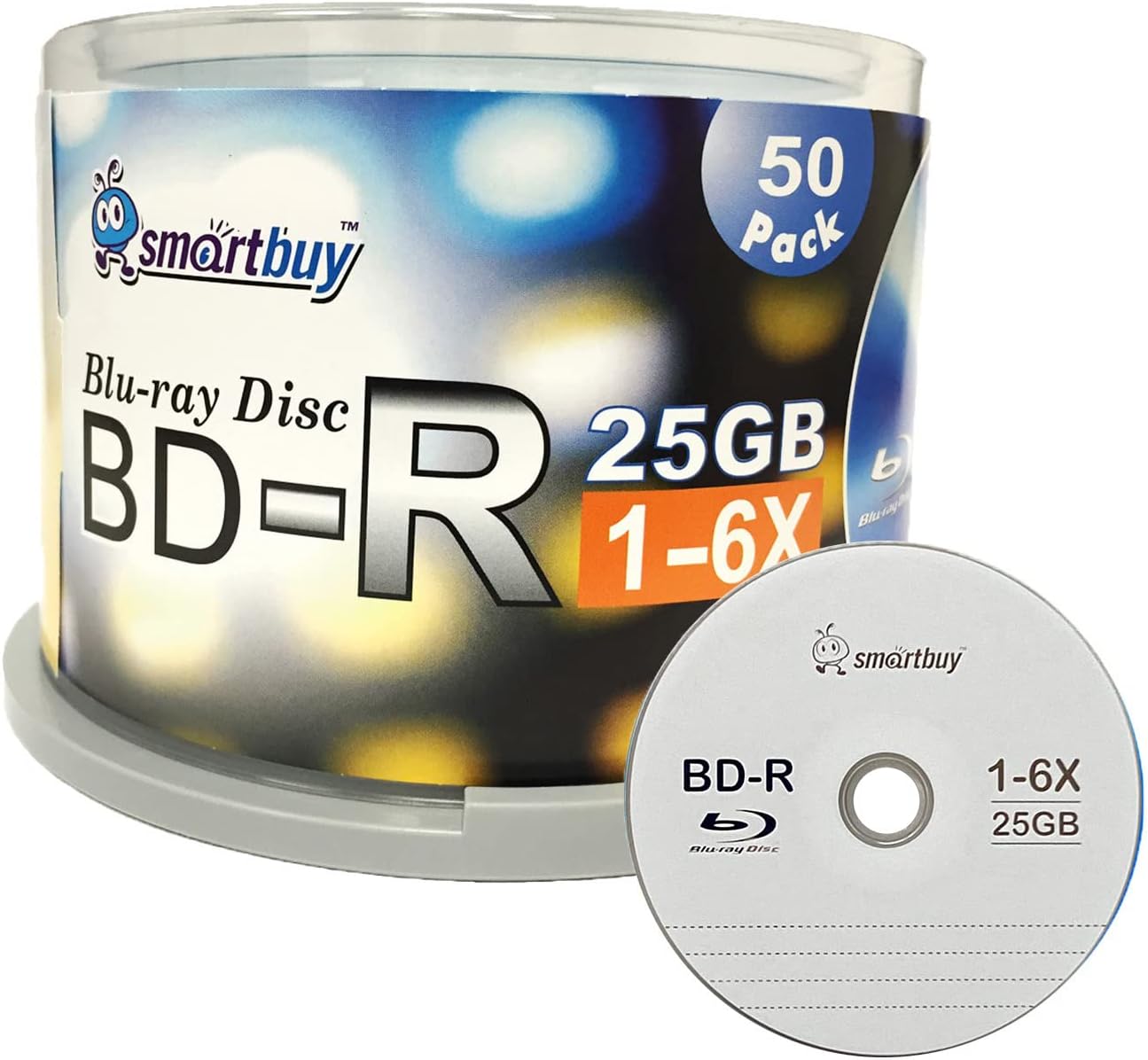 Smartbuy 50 Pack Bd-r 25gb 6X Blu-ray Single Layer Recordable Disc Logo Top Blank Data Video Media 50 Disc Spindle