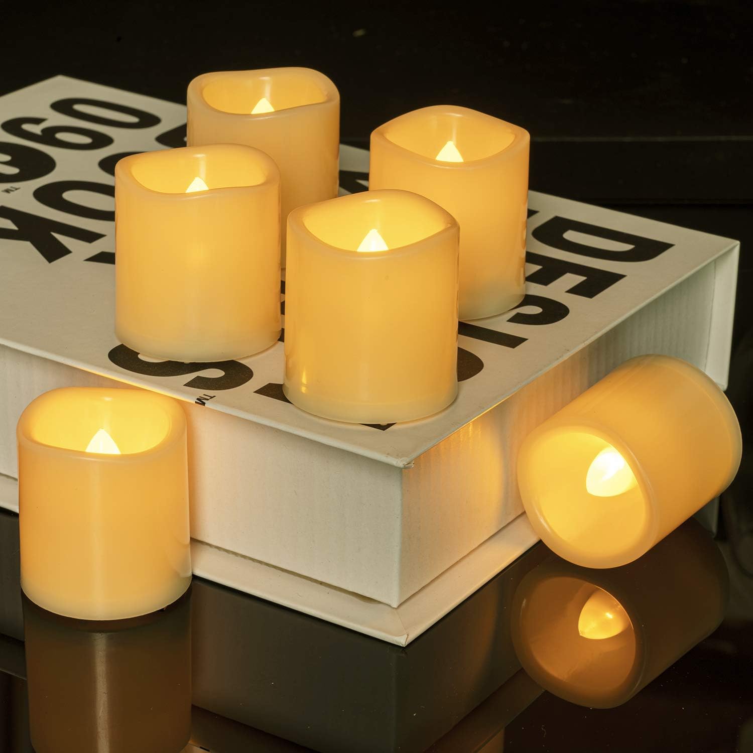 Raycare 12PCS Flameless Votive Candles with Timer, 6 Hours on and 18 Hours Off in 24 Hours Cycle Automatically, Battery Operated Flickering Candles for Christmas Decorations (Amber Yellow)