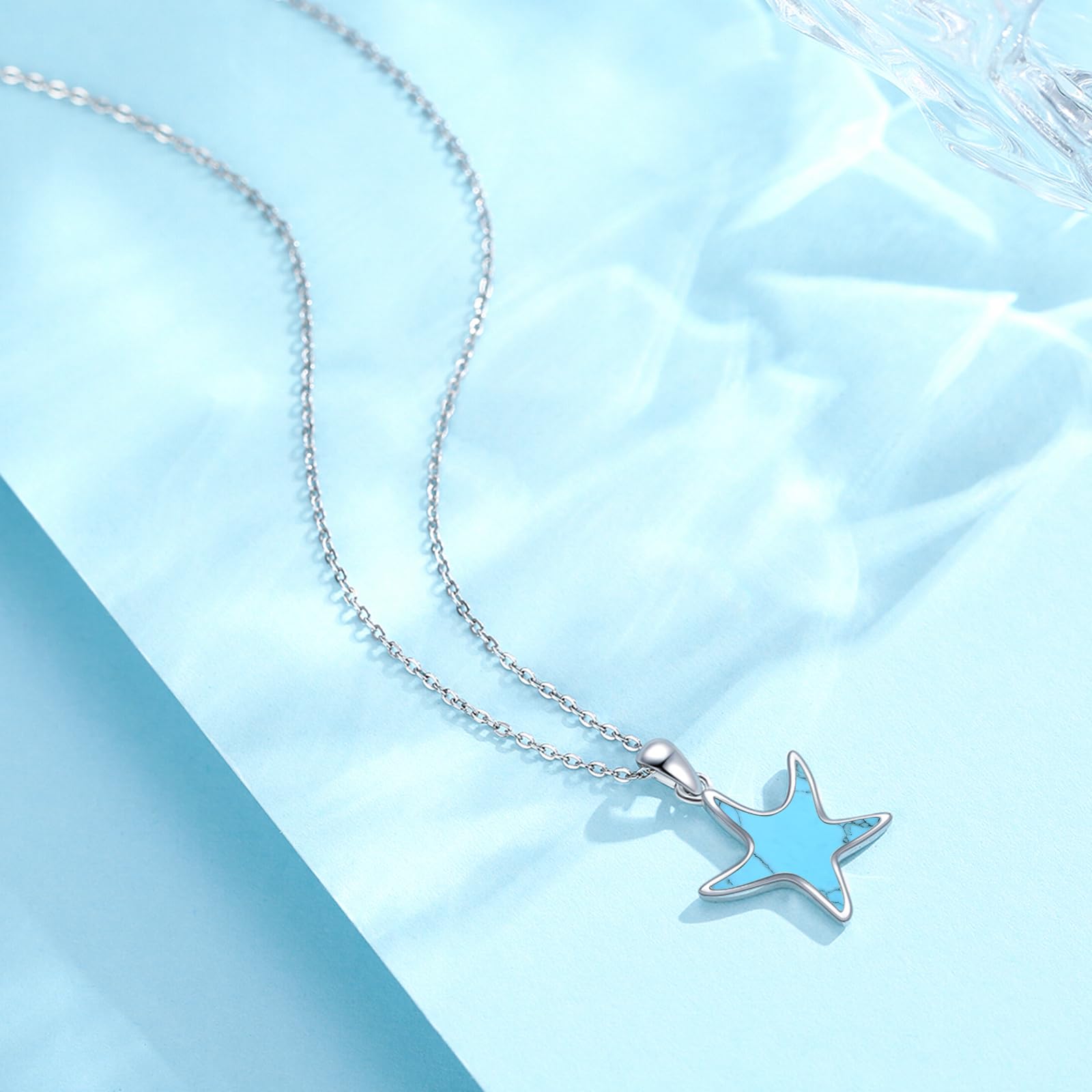 Collar de estrella de mar, plata de ley 925, turquesa y estrella de mar, colgante de estrella de mar, regalo para niñas, mujeres, niños, Plata esterlina, Turquesa