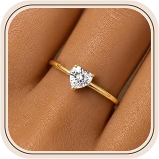 Heart Gold Birthstone Rings for Women Promise Rings for Her Non Tarnish | Stackable Gemstone Pinky Ring, Dainty Thumb Ring, Engagement Wedding Bands, 14K Gold Plated, Jewelry Birthday Gift Size 5-10