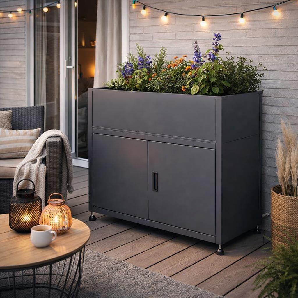 Armoire de Jardin 100cm avec Jardinière Intégrée, Gris Anthracite | Acier Galvanisé, Rangement Extérieur