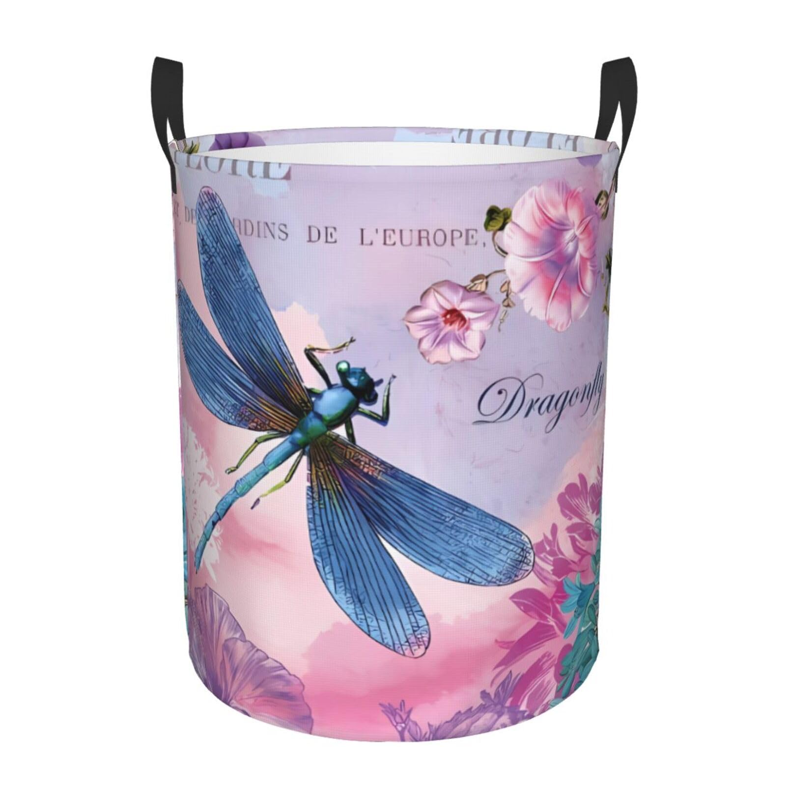 S Circular Hamper Pink flower and blue dragonfly Print for Dirty Clothes