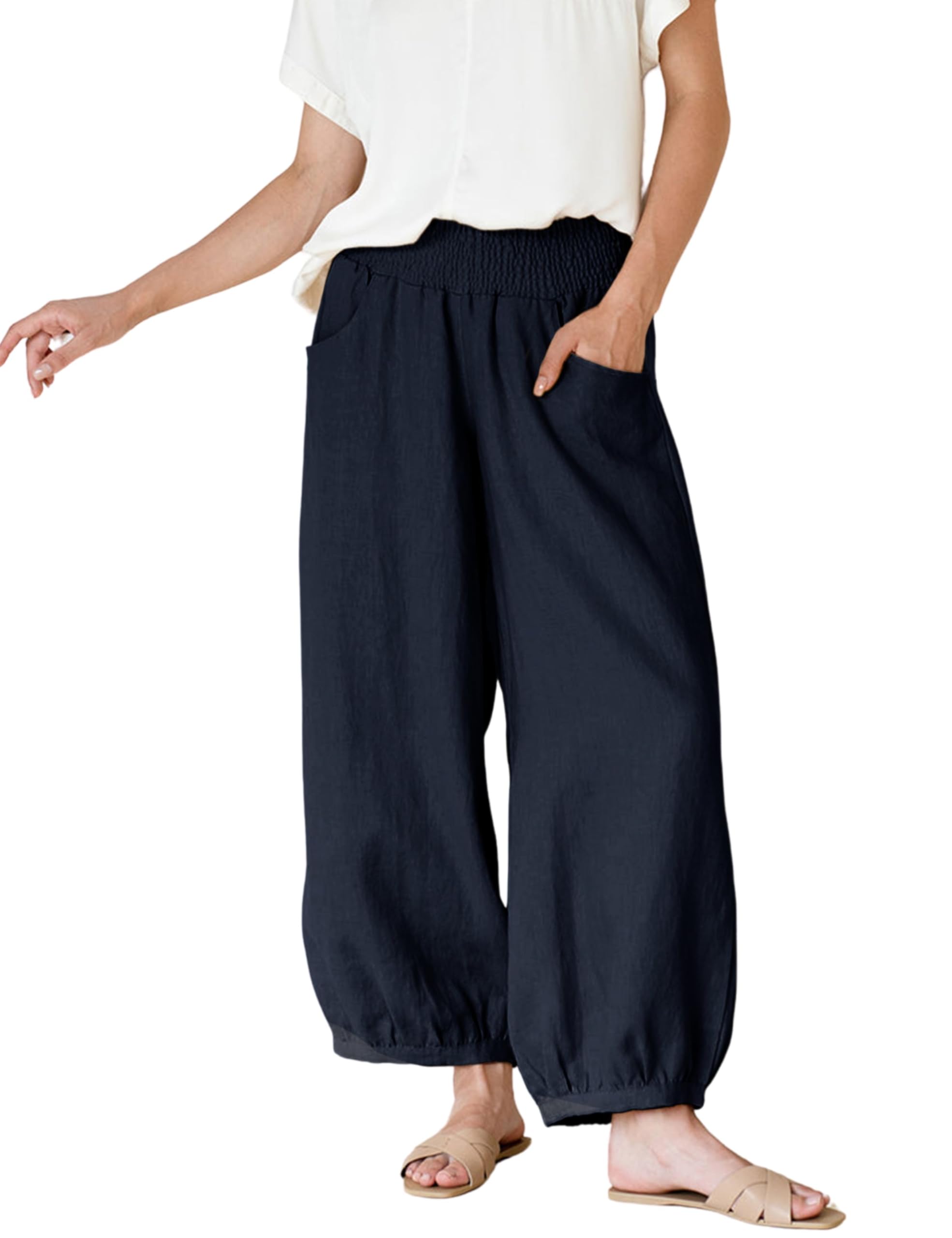 Xiaoxuemeng Womens Wide Leg Pants Cotton Linen Barrel Pants Elastic Waisted Lounge Trousers with Pockets