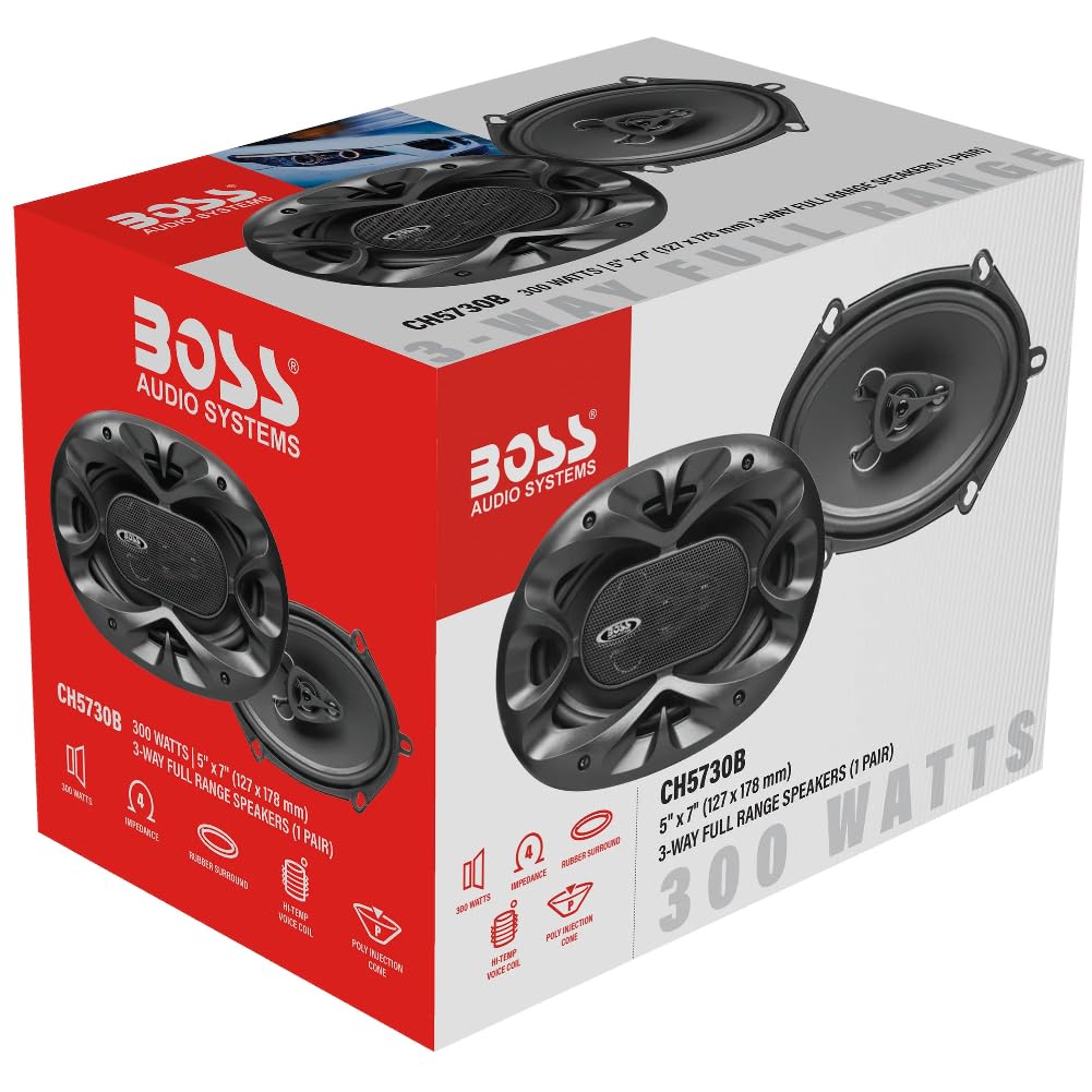 Kit Set para Boss Audio Systems CH5730B Altavoces coaxiales de 3 vías 5 x 7 12,7 x 17,8 cm 127 x 178 mm, 150 vatios rms 300 vatios máx, para Coches, suspensión de Goma, por Pareja + Rejillas Gratis