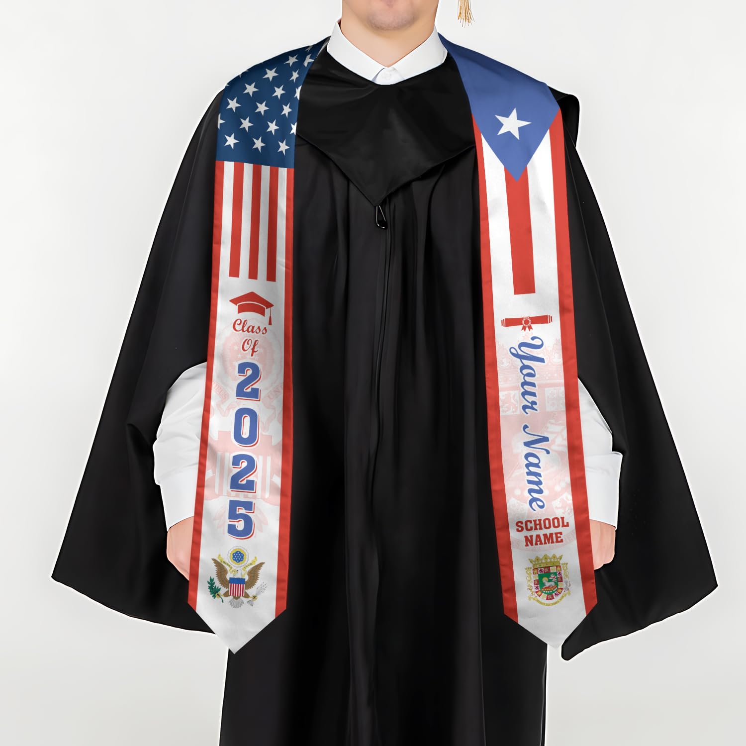 MonkeyVan Personalized Puerto Rico Graduation Sash 2025, Custom Puerto Rican American Flag Graduation Stole Class of 2025 S153