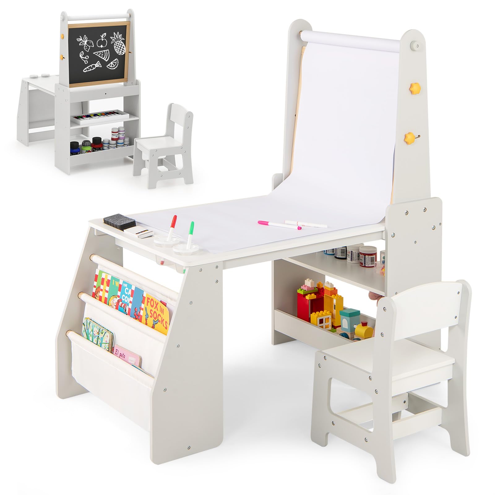 Maxmass Kids Art Table and Chair, Wooden Children Activity Table with Whiteboard, Chalkboard, Paper Roll, Open Shelves, 2-Tier Bookshelf, Toddler Desk Set for Study Learning Drawing (Grey + White)