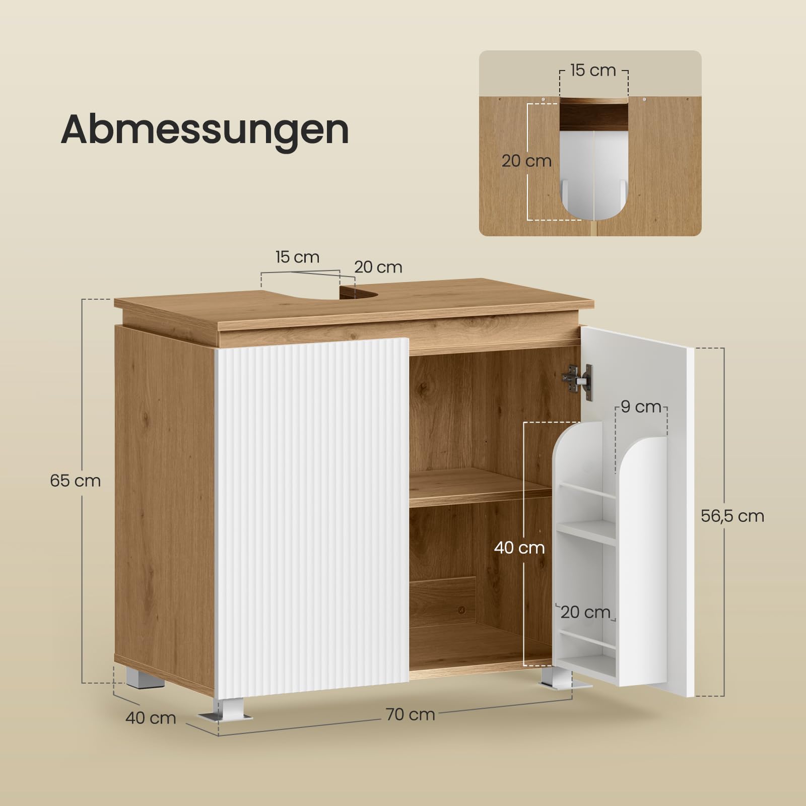 EUGAD Waschbeckenunterschrank, Badezimmerschrank, 2 Fächer hinter den Türen, mit verstellbarem Einlegeboden, 70 x 40 x 65 cm, Weiß und braune Holzoptik
