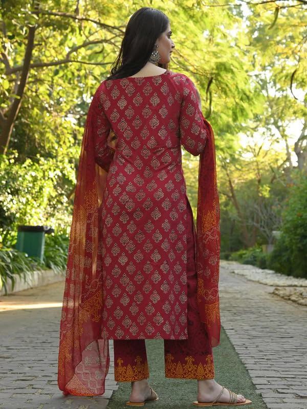 Pinkmint Kurta Set For Women Motifs Straight Printed Straight Kurta & Pant With Dupatta Maroon