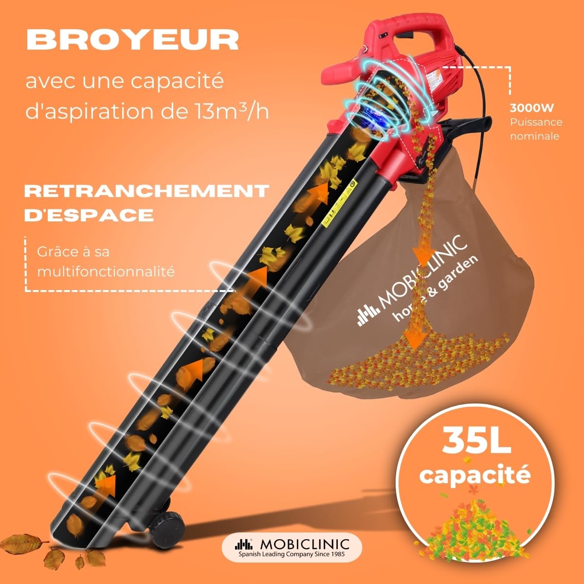 Mobiclinic®, Souffleur Feuille, Aspirateur Broyeur de Feuilles, 900w, 6 Vitesses, 3 en 1, Léger, 35l, Module d'extension, Vitesse Soufflage 270 km/h, pour Le Jardin, 220v, Bandoulière, Mobiclean
