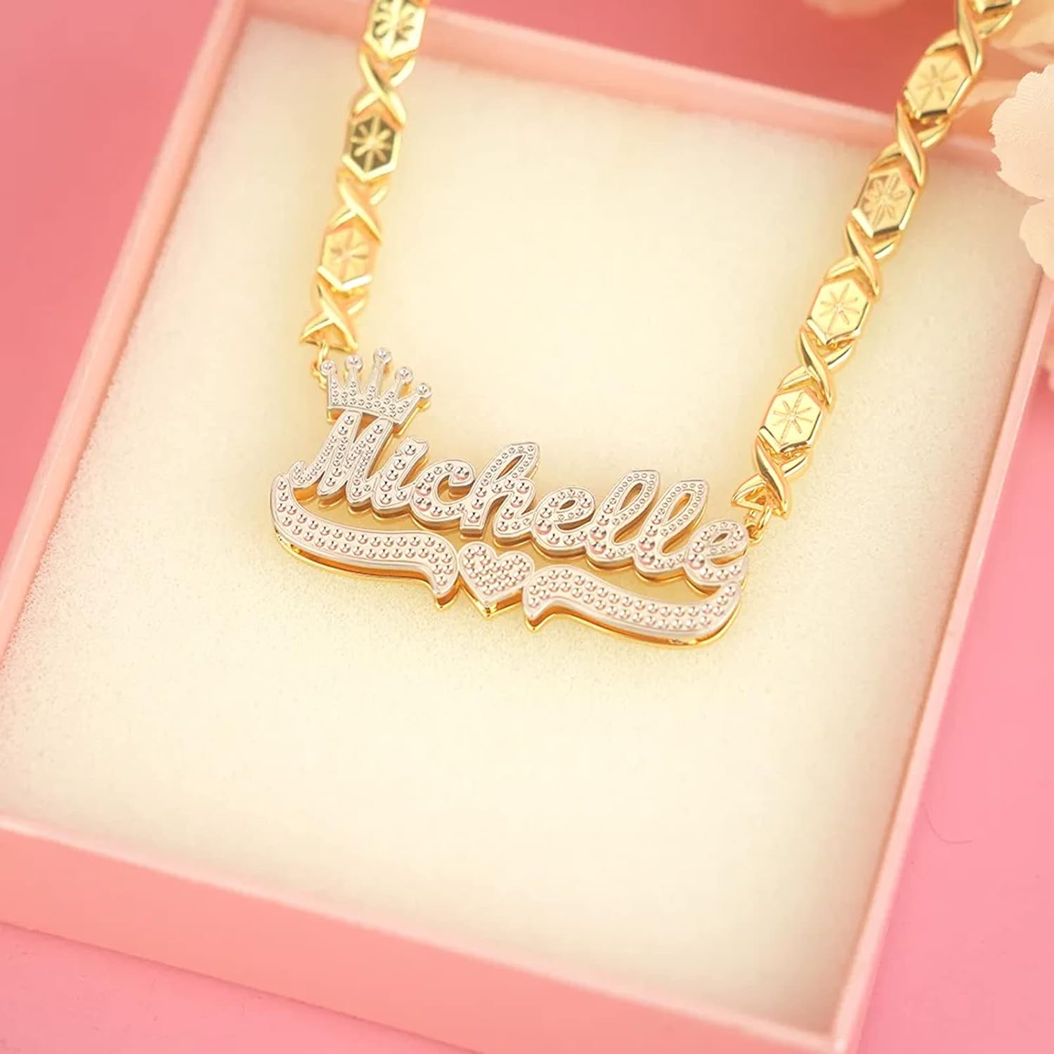 Gemiac Custom Name Necklace Personalized Double Plated Name Necklace with Heart Gold Plated Nameplate Necklace Gift for Women Girls