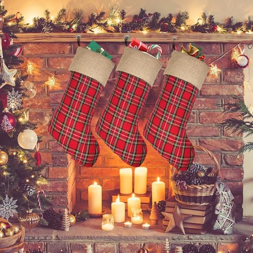 climafusion 3 Pezzi Calze Natale da Appendere, 48cm con Polsino in Iuta Calza Befana Vuota, Calze Natalizie da Appendere Camino