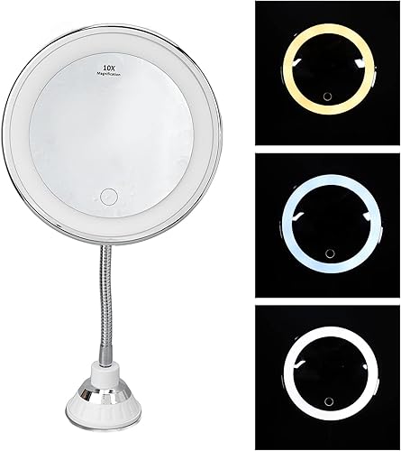 Miniatura 5 de Espejo de maquillaje iluminado recargable, espejo de tocador con aumento de 10x, espejo cosmético regulable de tres colores de luz, espejo cosmético